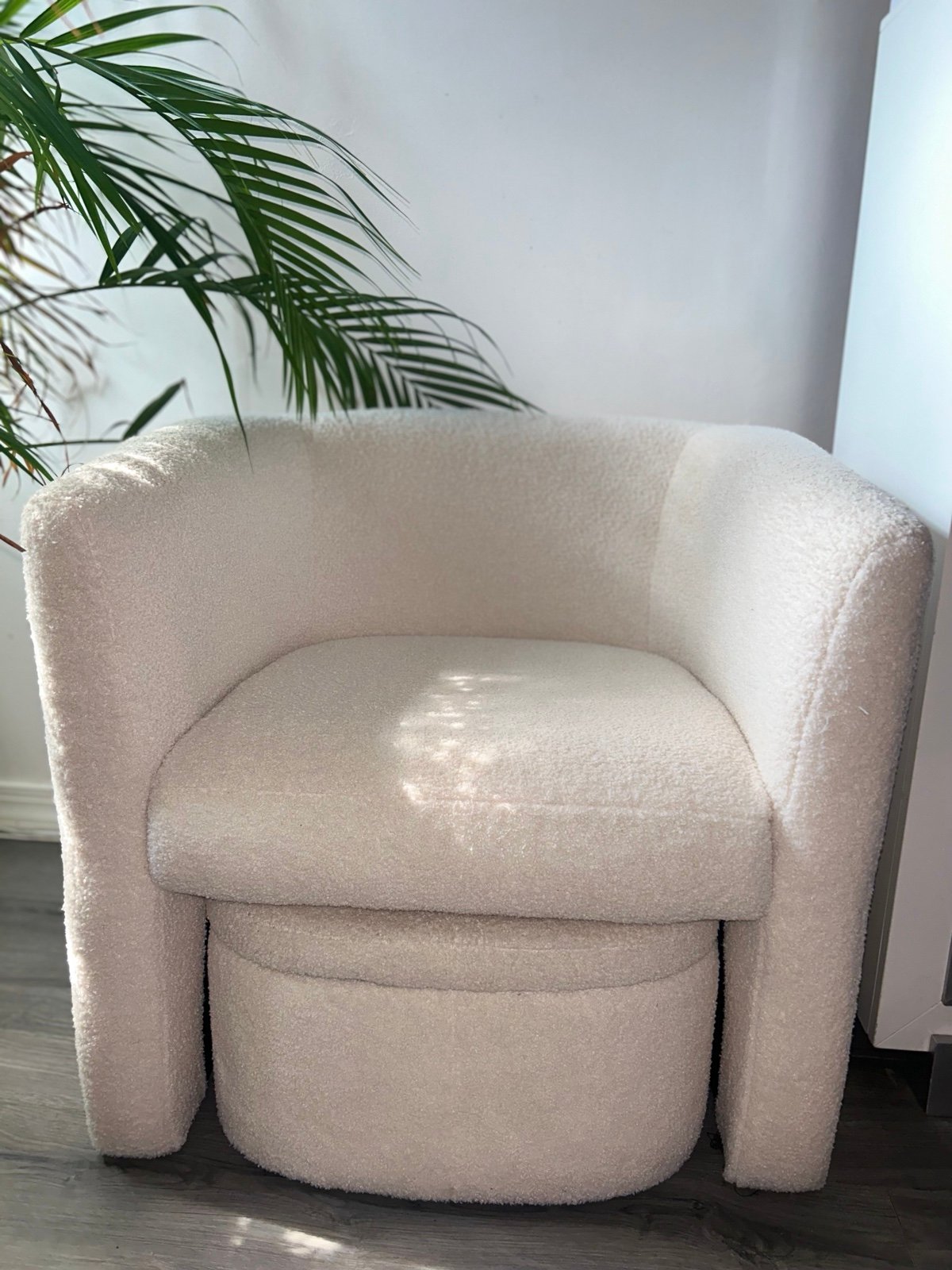 Cream Sherpa Lounging Chair with footrest & storage ottoman