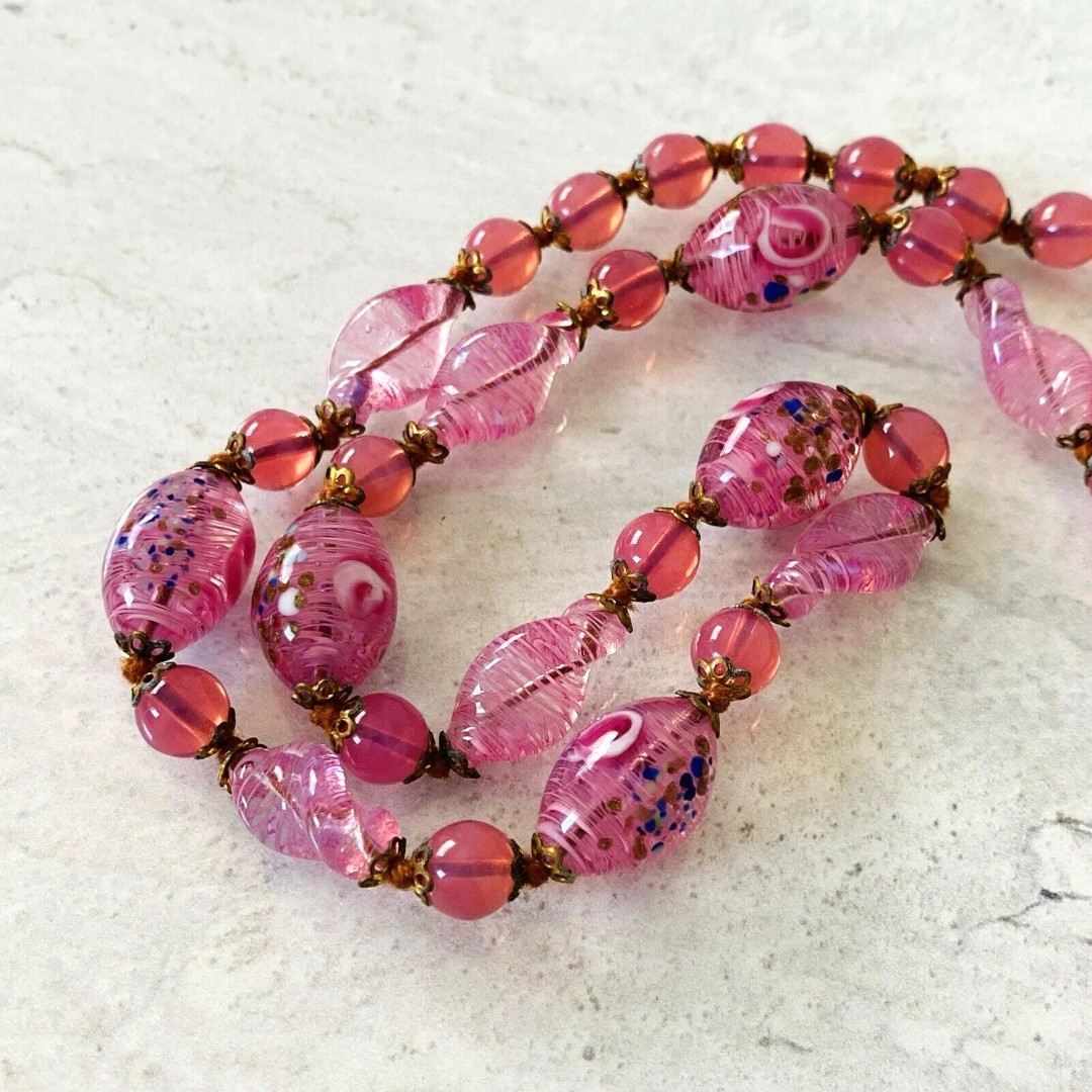 Vintage Pink Murano Glass Necklace Italian Latticino Twists Ovals Glowy Rounds