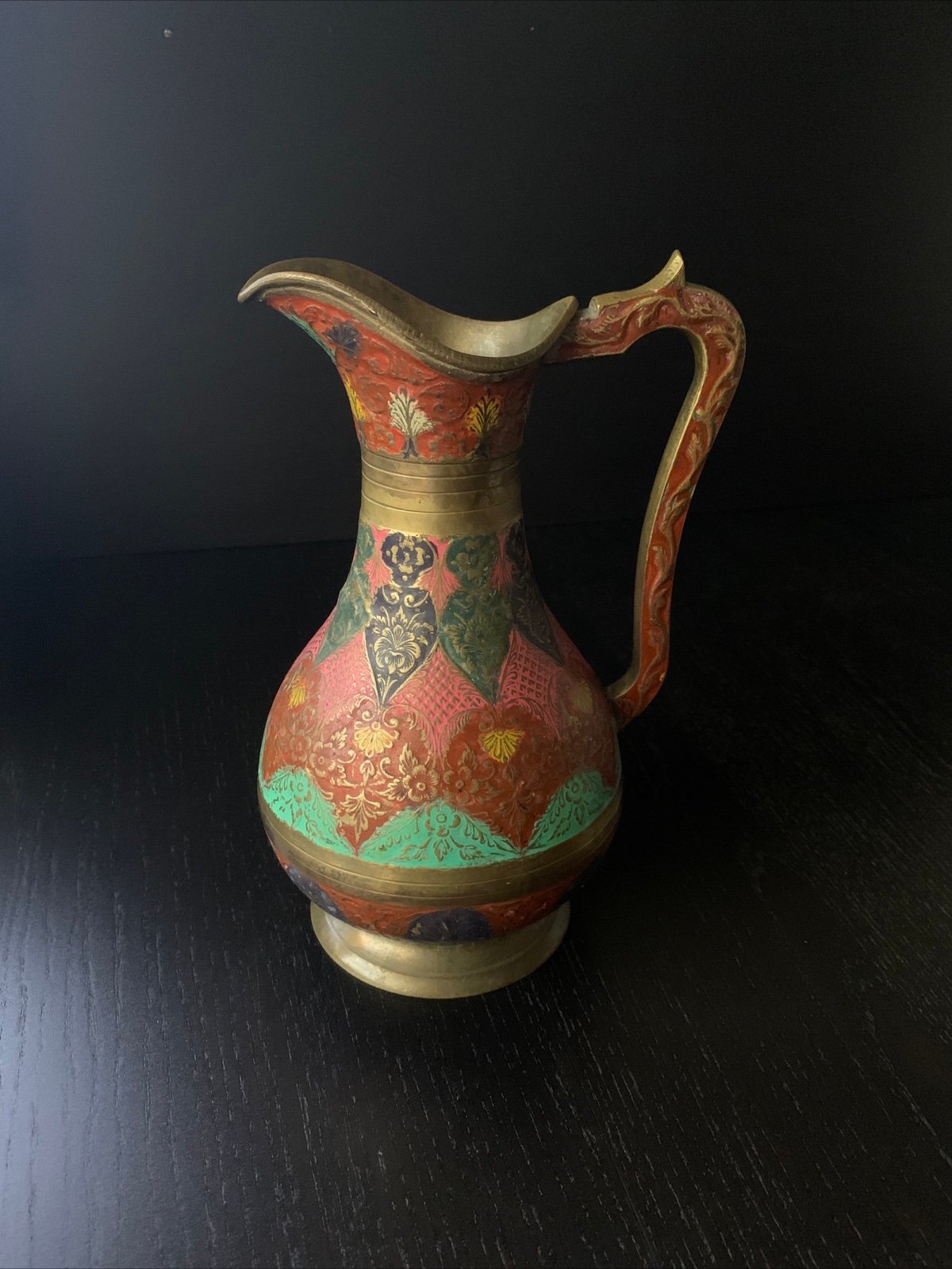 Vintage Solid Brass Enamel Cloisonné Pitcher Jug Hand Painted & Embossed Heavy