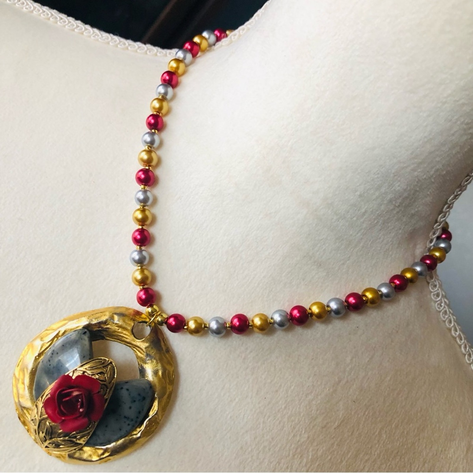 Handcrafted repurpose Spanish Rose large pendant Czech glass Pearl necklace