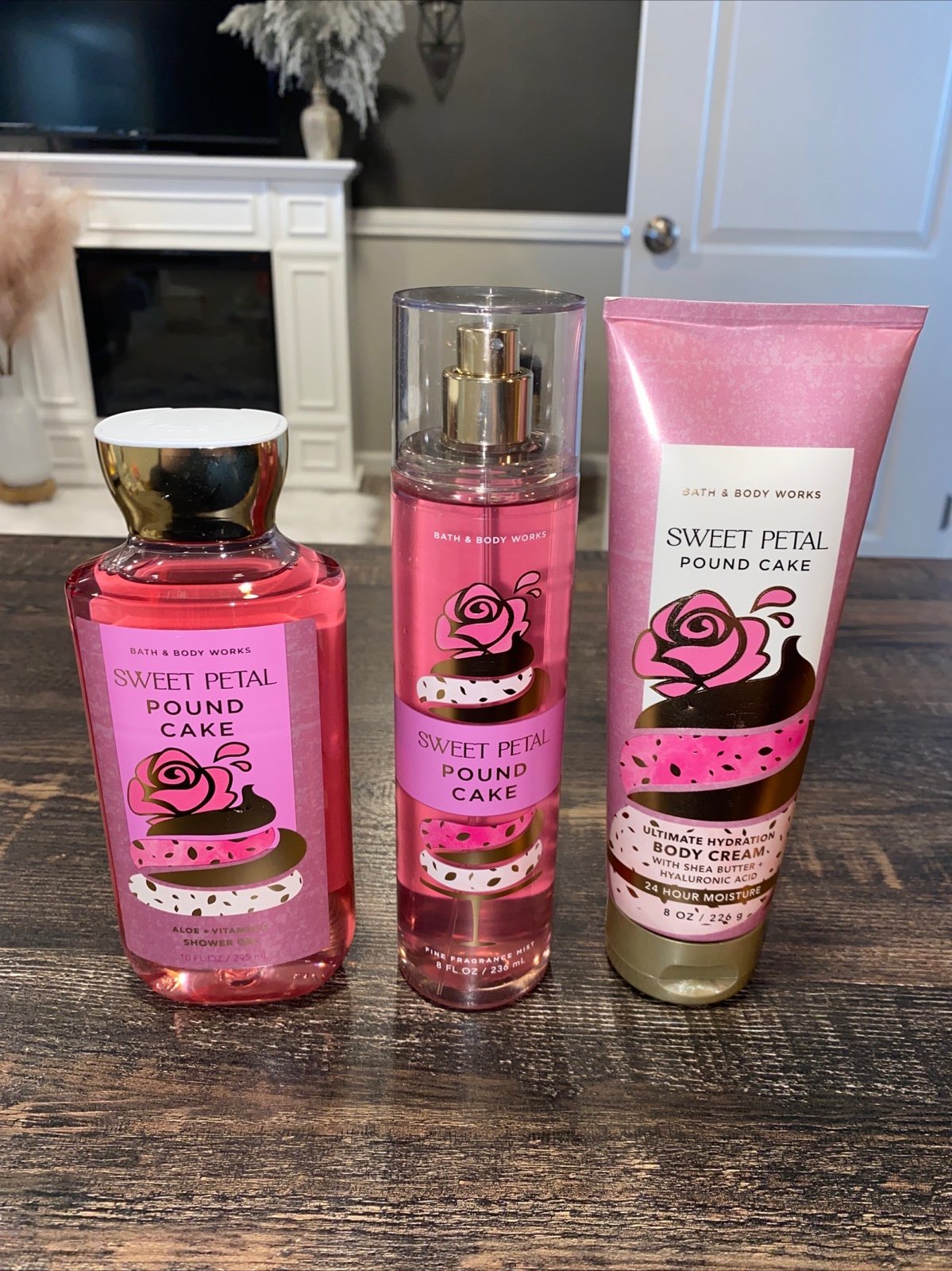 Bath & Body Works Sweet Petal Pound Cake Fine Fragrance Mist 8 Oz, Shower Gel 10
