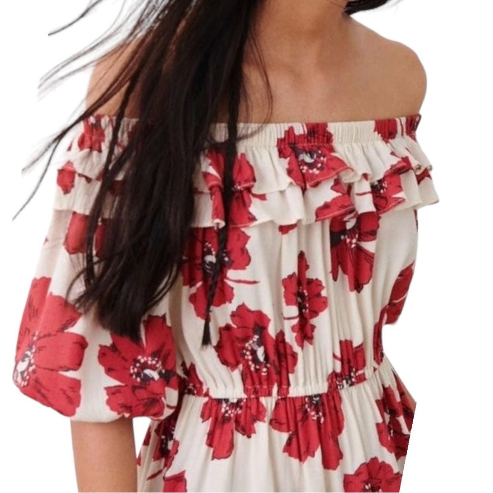 Ba&sh Women’s Size XS Red Floral Cream Kiara Off the Shoulder Short Mini Dress