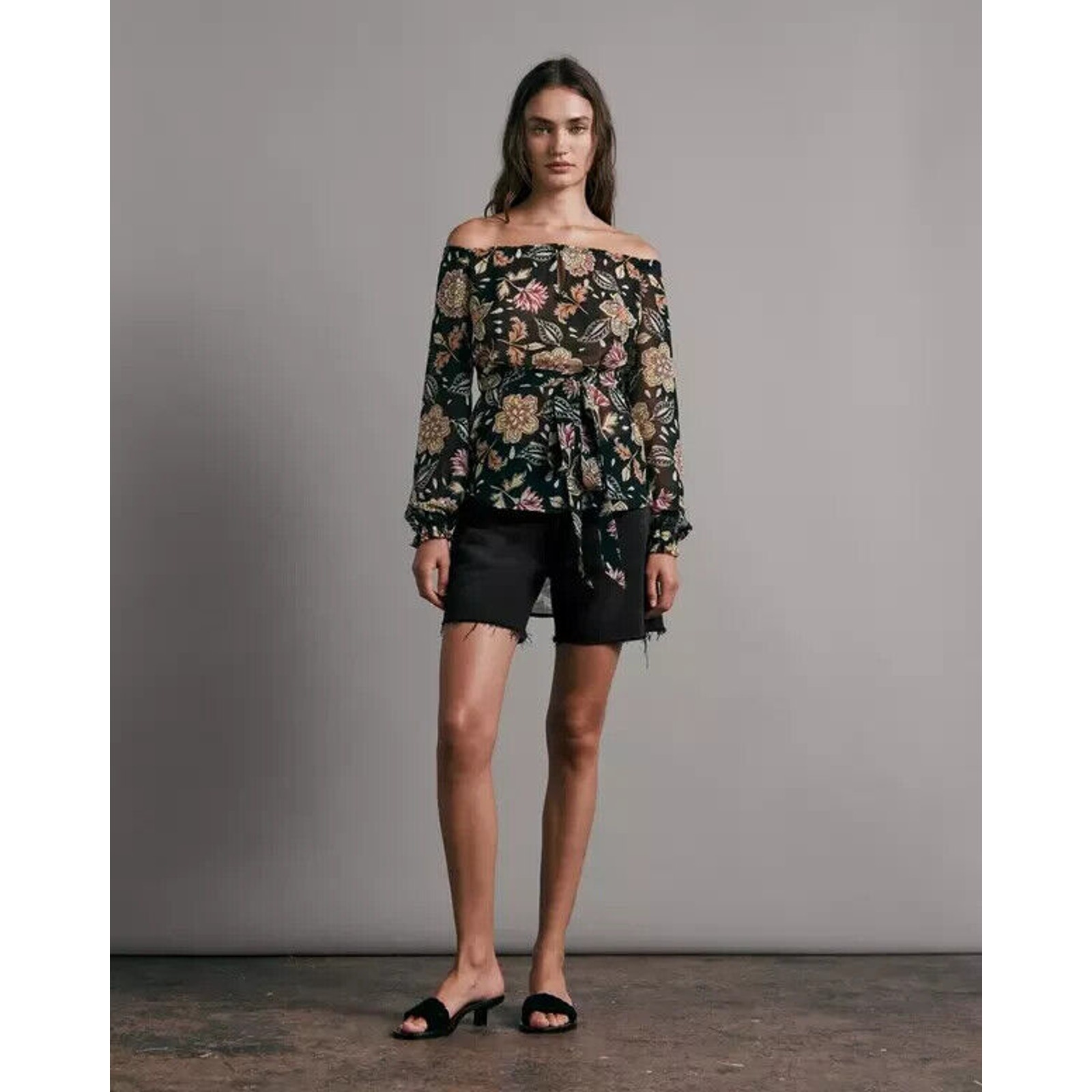 Rag & Bone NWOT Black Sierra Floral Belted Long-Sleeve Blouse Size XS