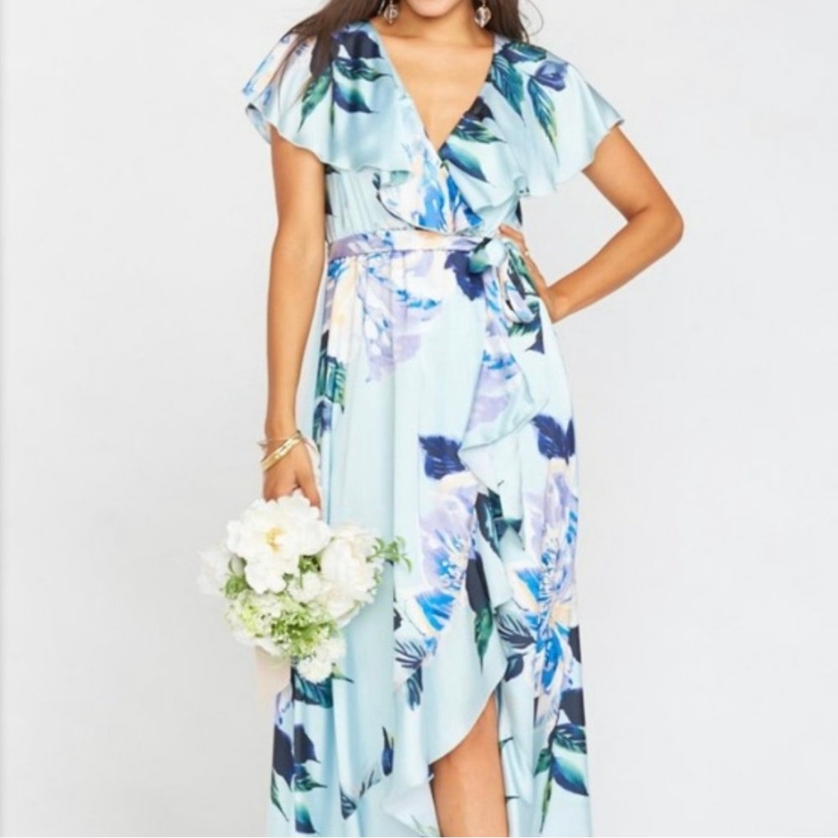 show me your mumu jess ruffle midi dress mint to be floral luxe satin xxlarge