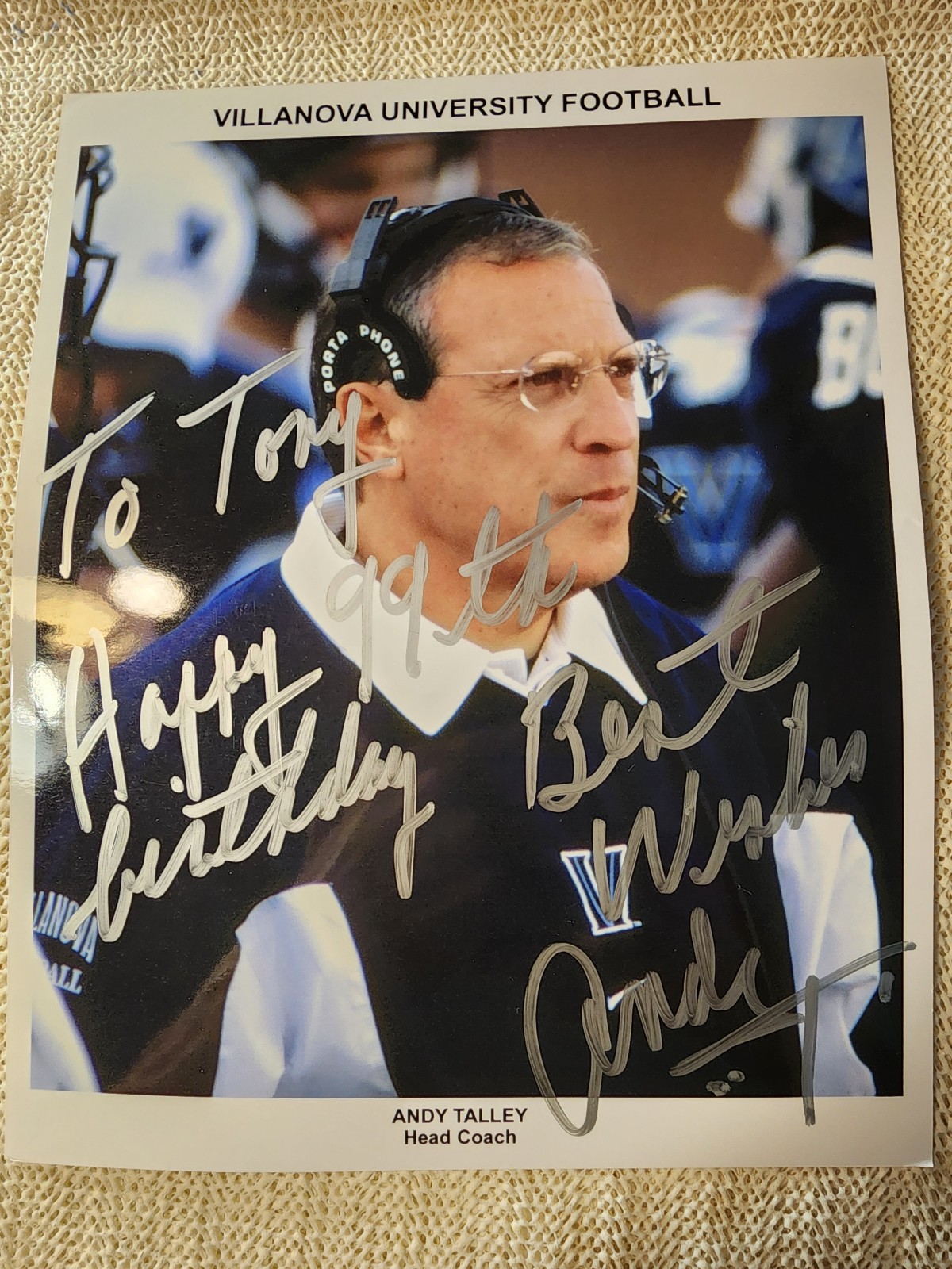 ANDY TALLEY COACH VILLANOVA WILDCATS AUTOGRAPHED 8X10 INSCRIBED W/COA