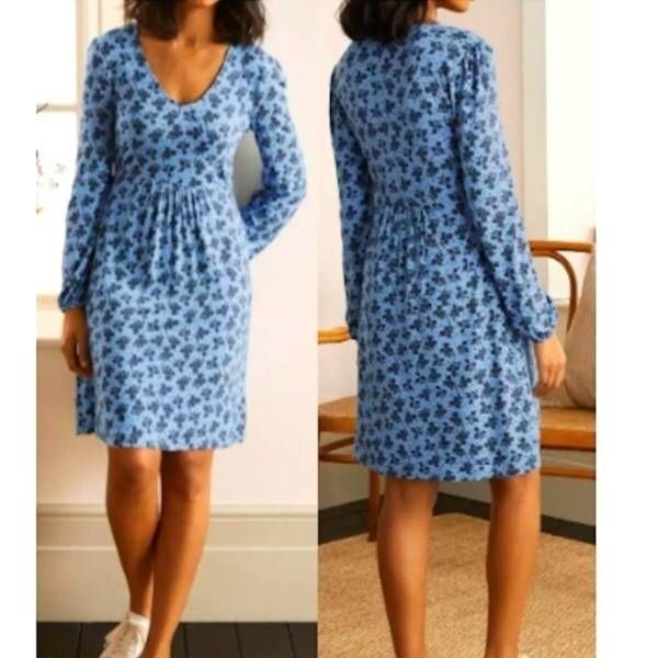 NWT BODEN Hattie Jersey Dress Clover Floral Print Blue Stretch Long Sleeve Flowy