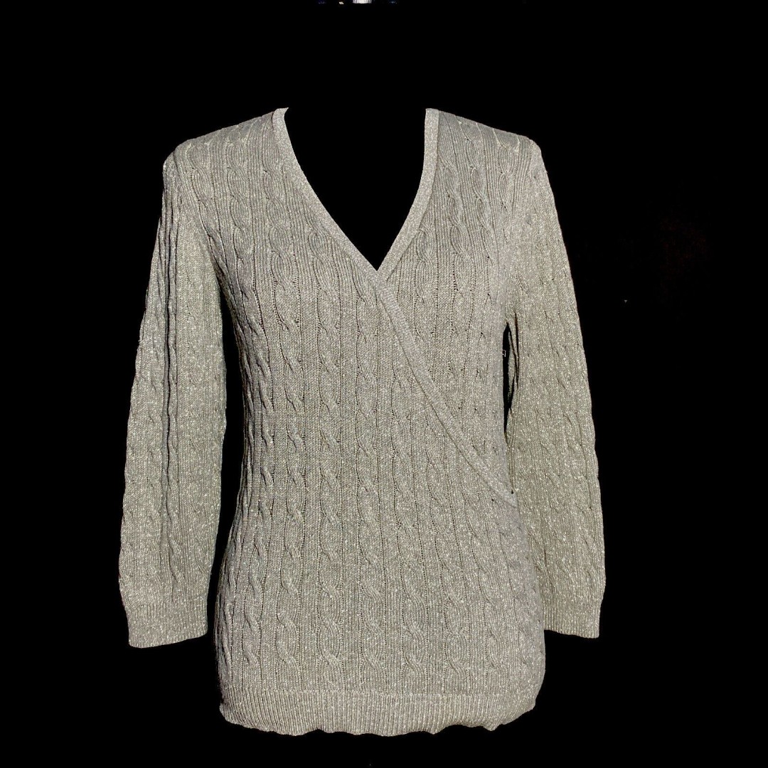 Ann Taylor Sweater MED Gray Silver Metallic Wrap Cable Knit 3/4 Sl Stretch Silk