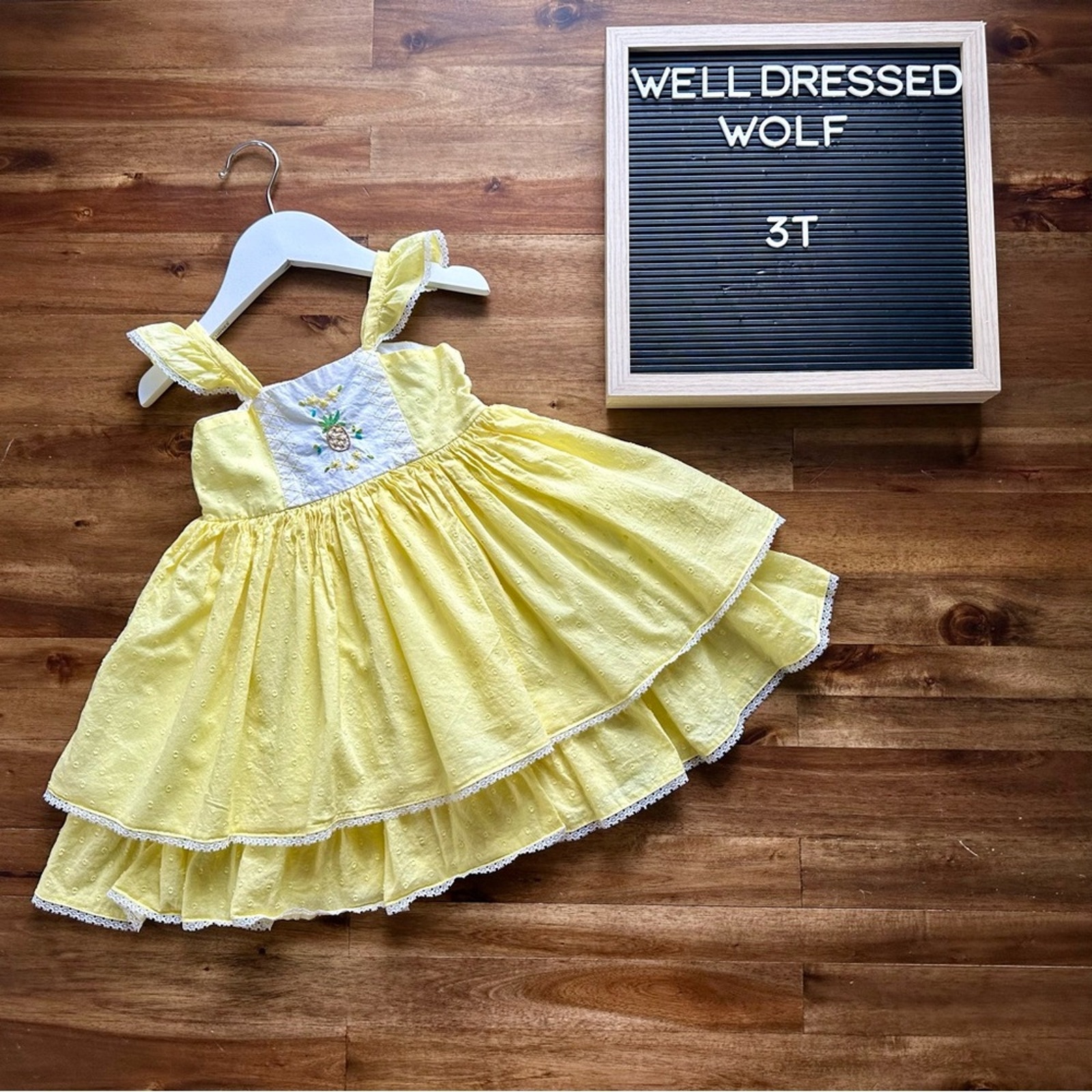 Well Dressed Wolf Yellow Pineapple Embroidered Cameron Sleeveless Lace Dress 3T