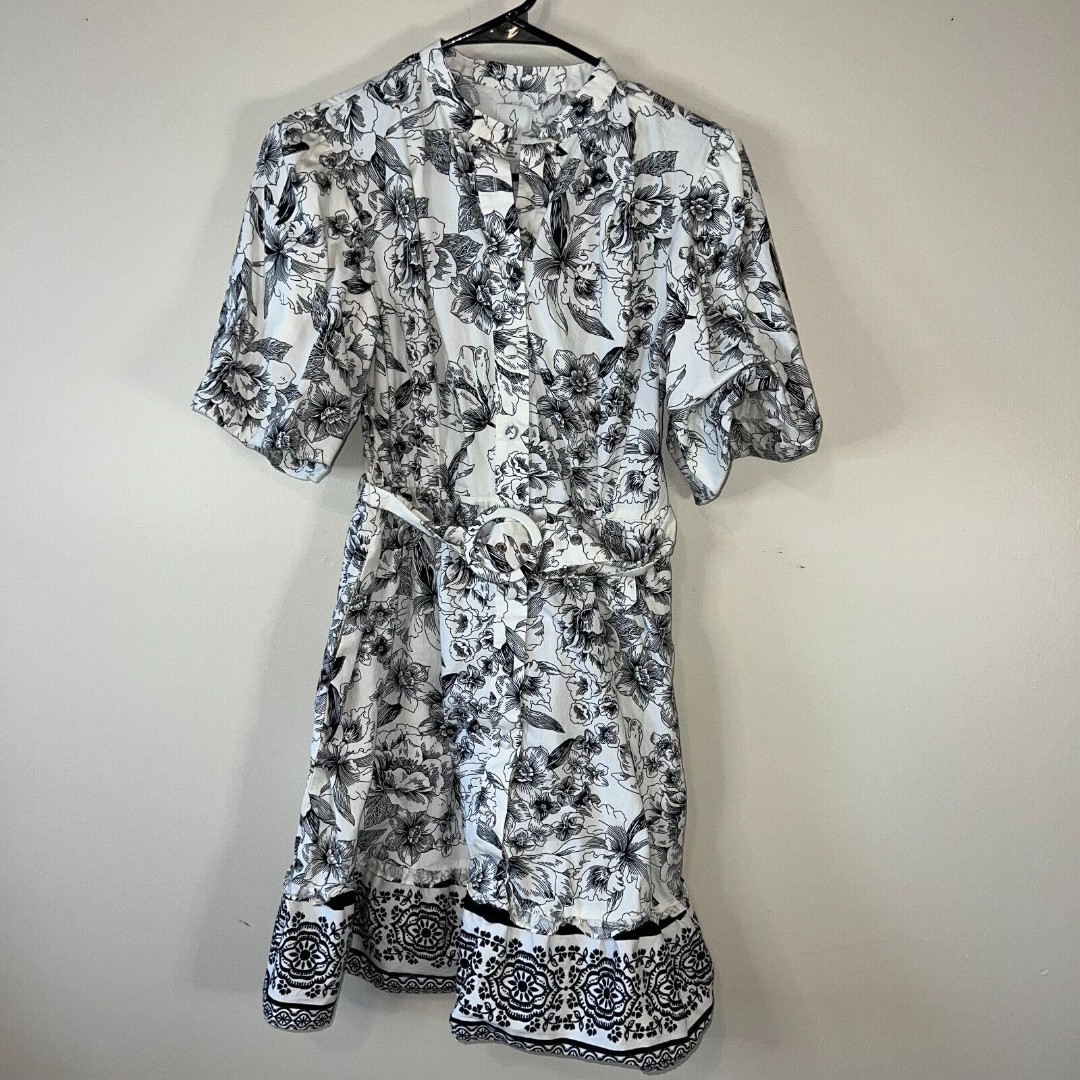 Joie black and cream floral puff sleeve belted knee length dress womens sz 2 XS