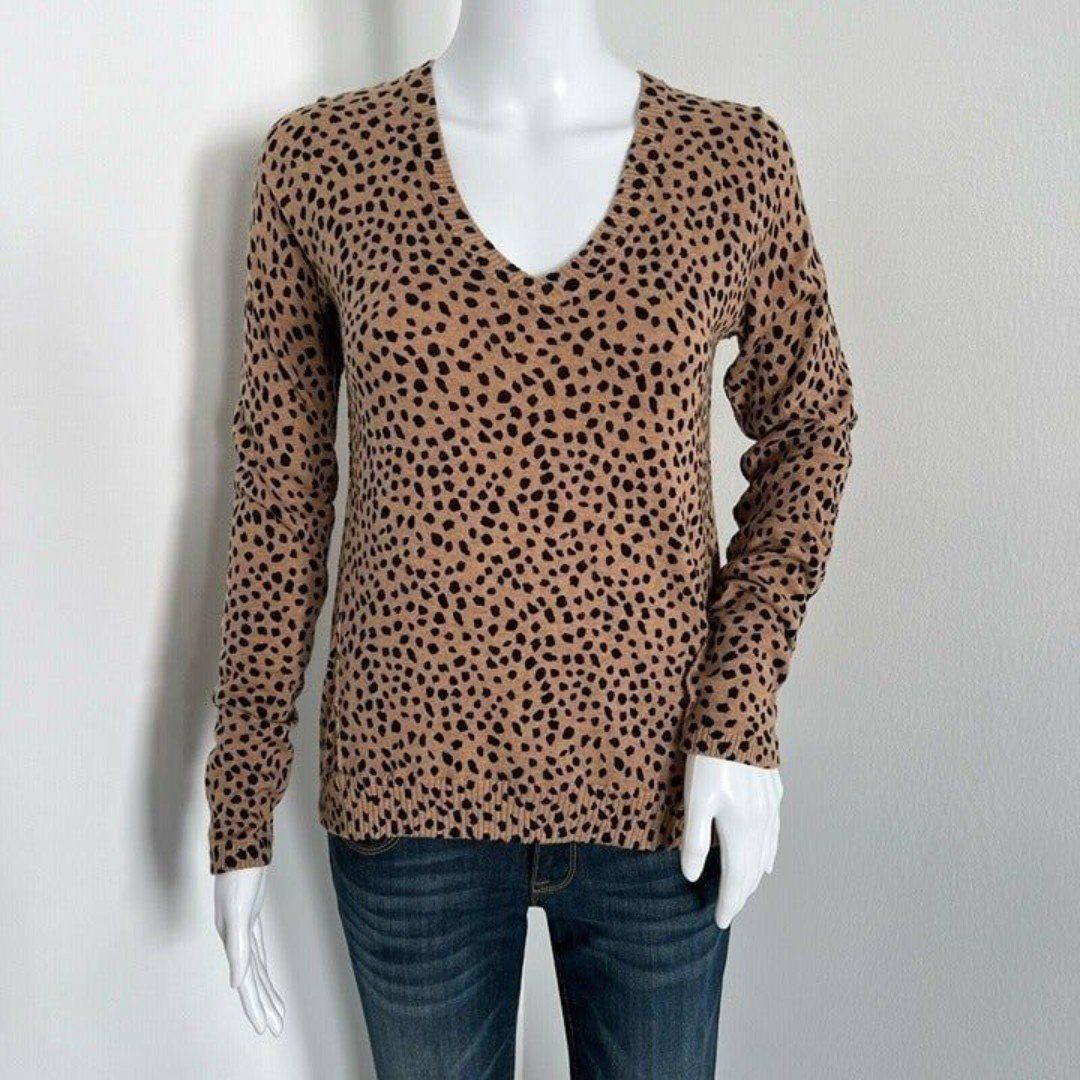 ATM Women's Leopard Spot Sweater Size XS Camel Black Vneck Cotton Cashmere