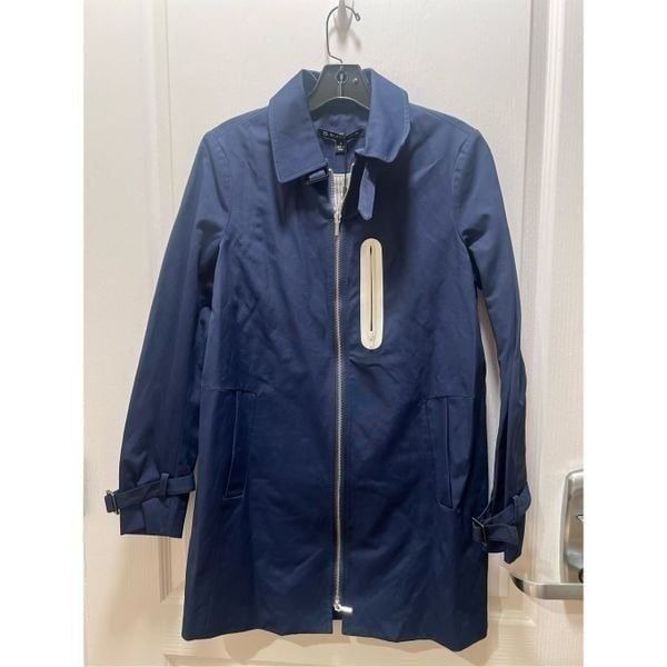 Blanc Noir Travel Engineer All Weather Navy Blue Midi Trench Coat size S winter
