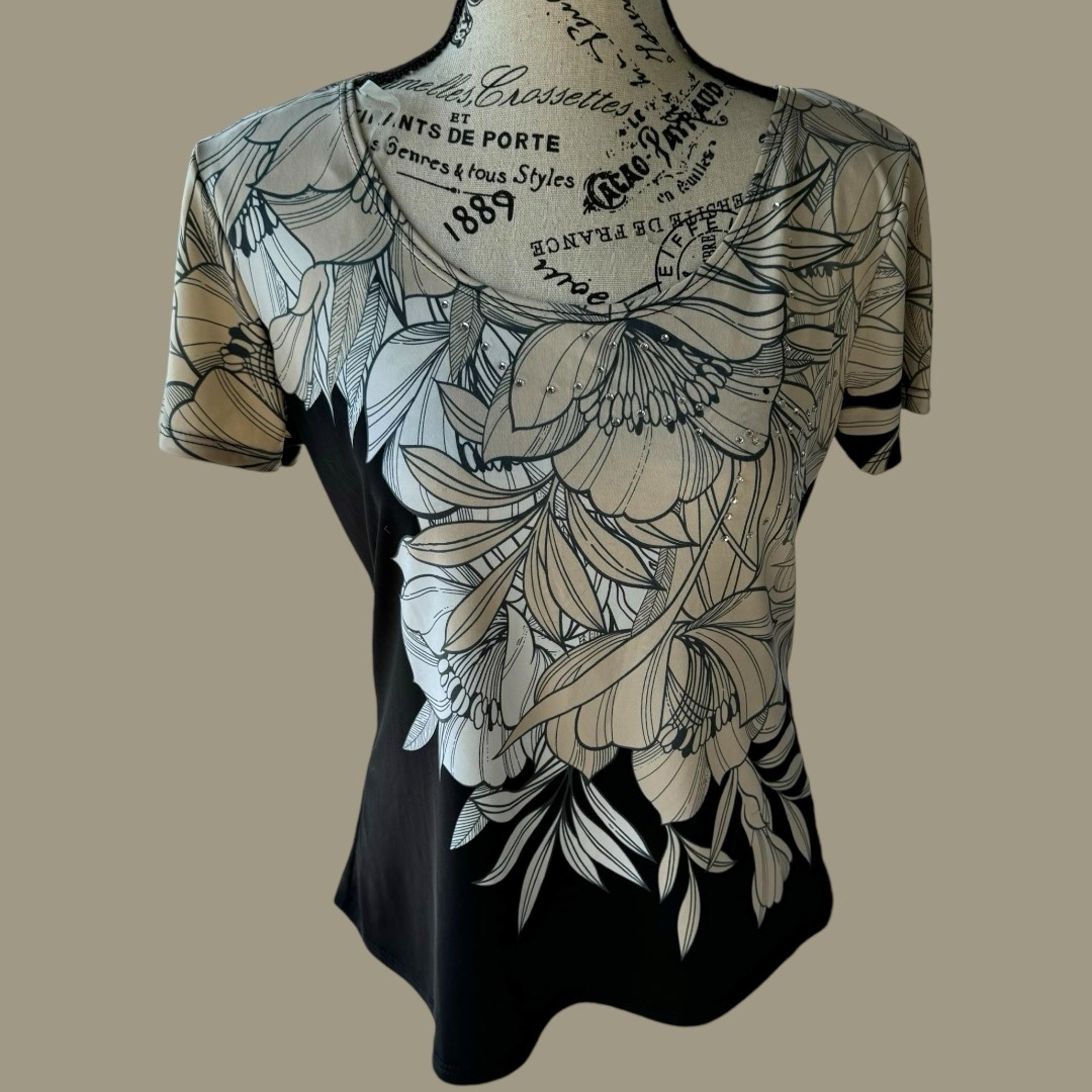 Women’s Elementz Black White and Tan Floral Embellished Short Sleeve Blouse