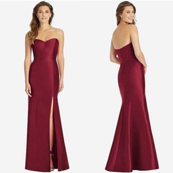 NWT Alfred Sung Burgundy Strapless Slit Gown Size 14