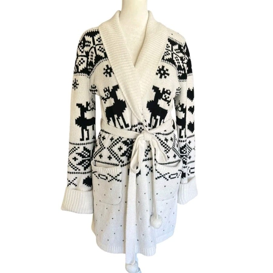 Y2K Vintage Betsey Johnson Cardigan Sweater Belt Geometric Reindeer Fair Isle L