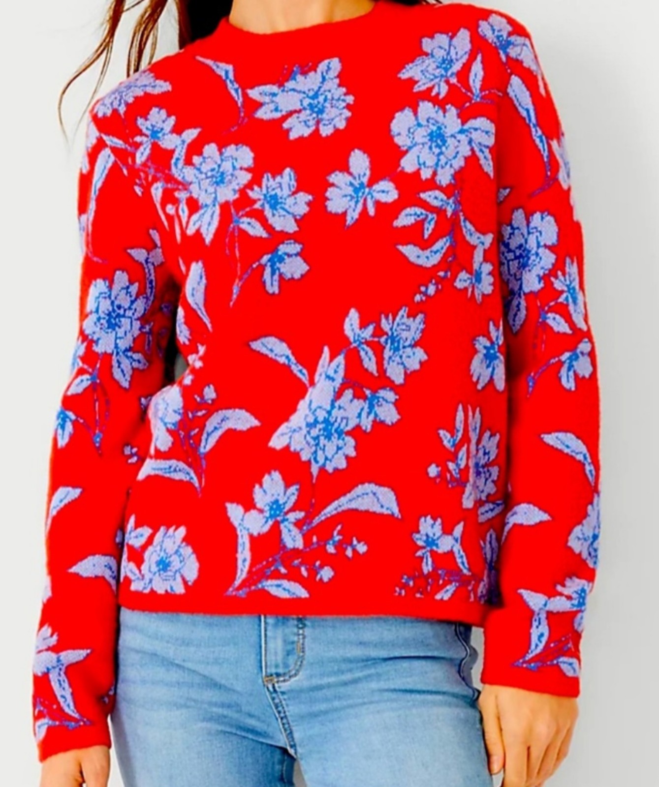 Ann Taylor Jacquard Sweater Floral Winter Pullover Pink  Red XL Preppy Modern