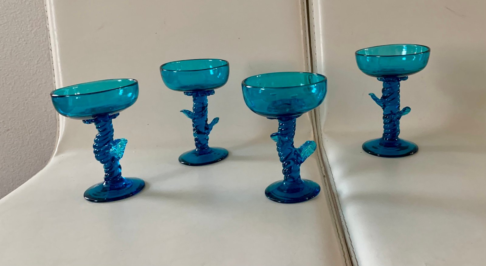Vintage Blown Turquoise Footed Glasses Of 4