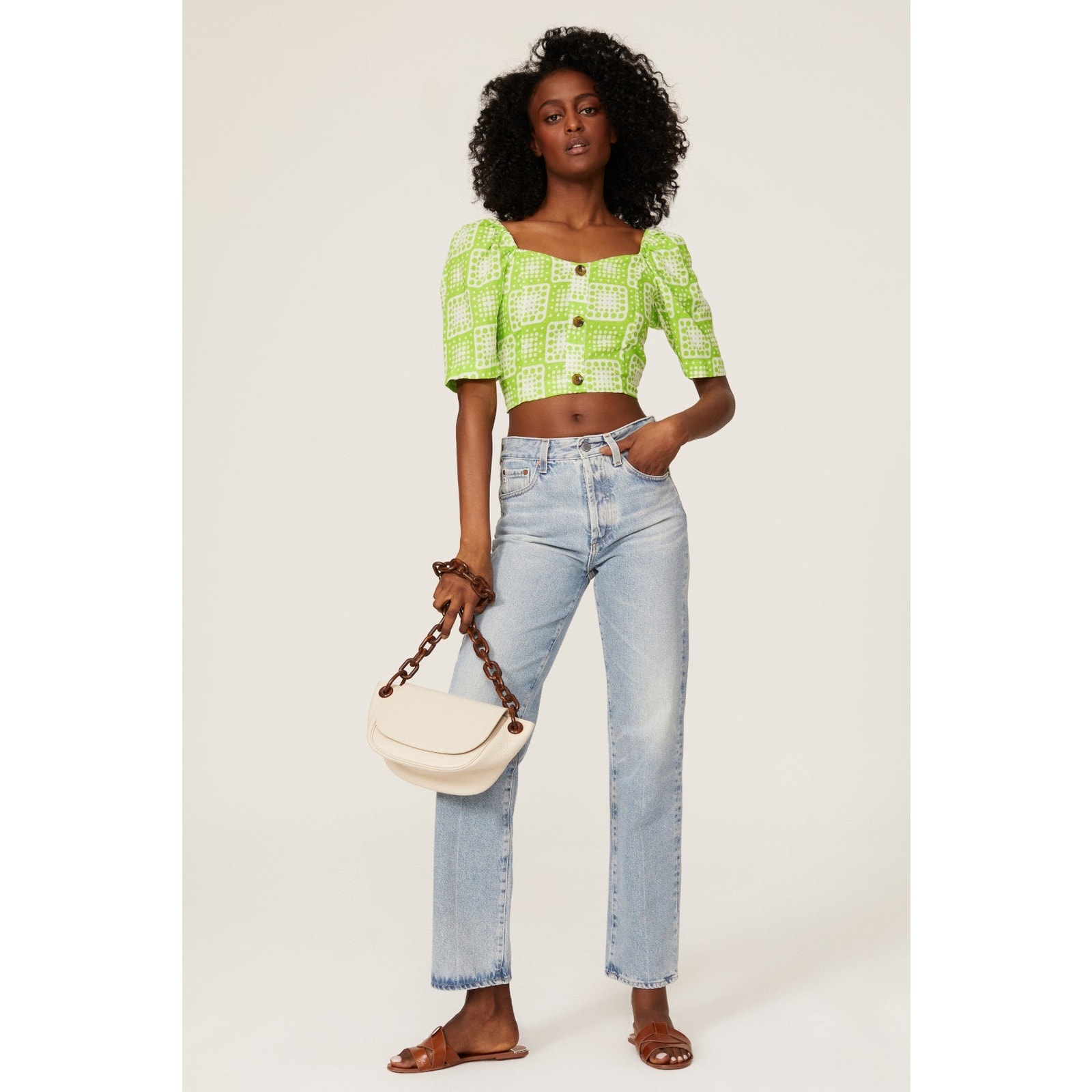 The Odells Julie Green Linen Cropped Square Neck Puff Sleeve Top Size XS