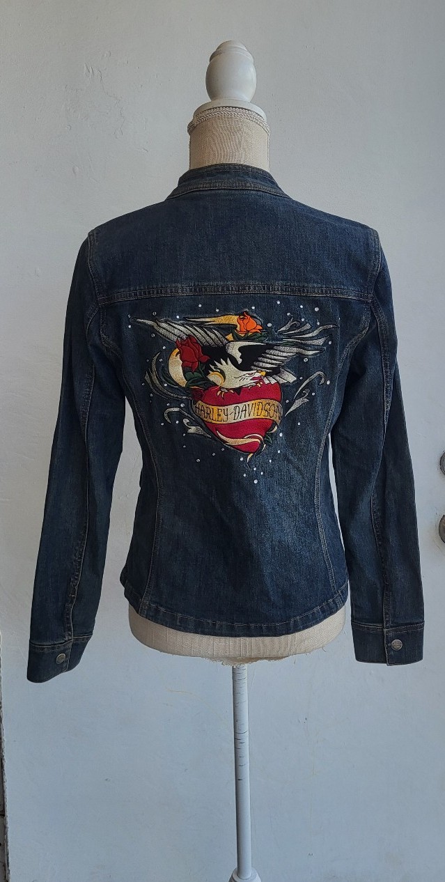Harley-Davidson embroidered heart women's motorcycle denim biker jacket size s