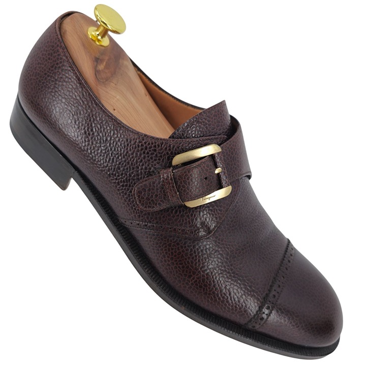 Salvatore Ferragamo Italy Brown Pebble Leather Monk Strap Loafer 9.5 Dress Shoes