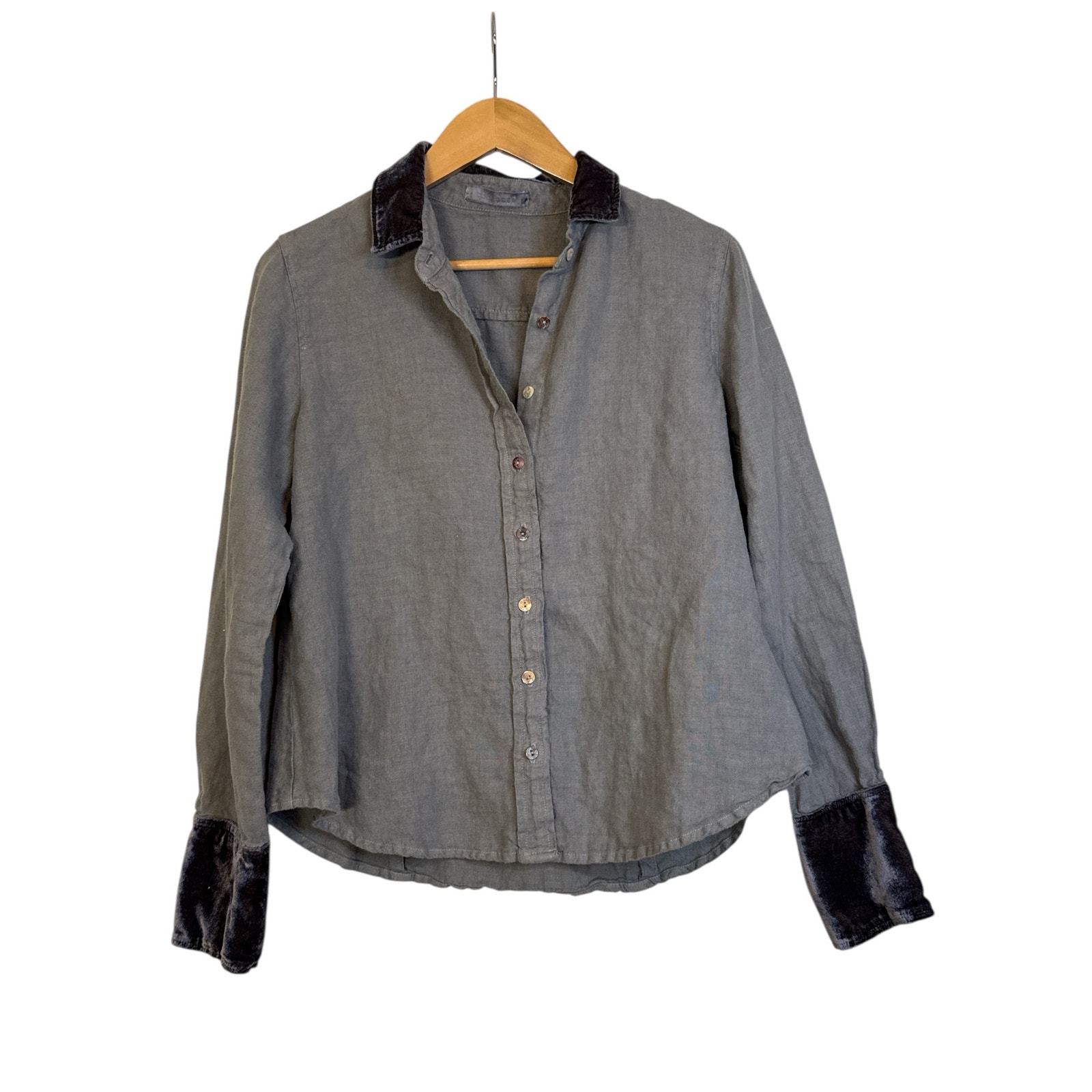 Cut Loose Women's Long Sleeve Velvet Trim Linen Button Front Shirt Size XS Gray