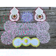 Vintage 9 Crochet Doily Lot Flowers, pink yellow Cottage
