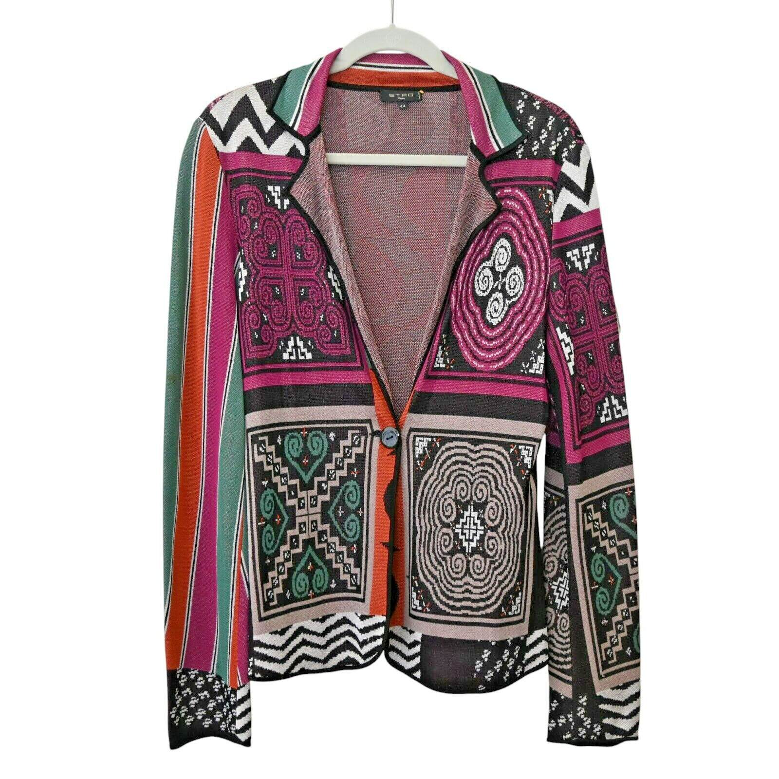 Etro Milano Cardigan Size 44 US 8 Abstract Print Collared One Button Stretch