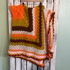 Vintage 70s 80s Crochet Granny Square Afghan Throw Blanket 60”x64” Orange Brown