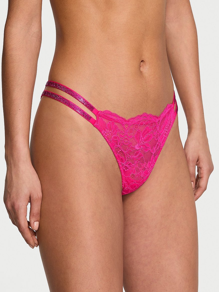 NWT Victoria Secret Double Shine Strap Lace Brazilian Panty Forever Pink Size M