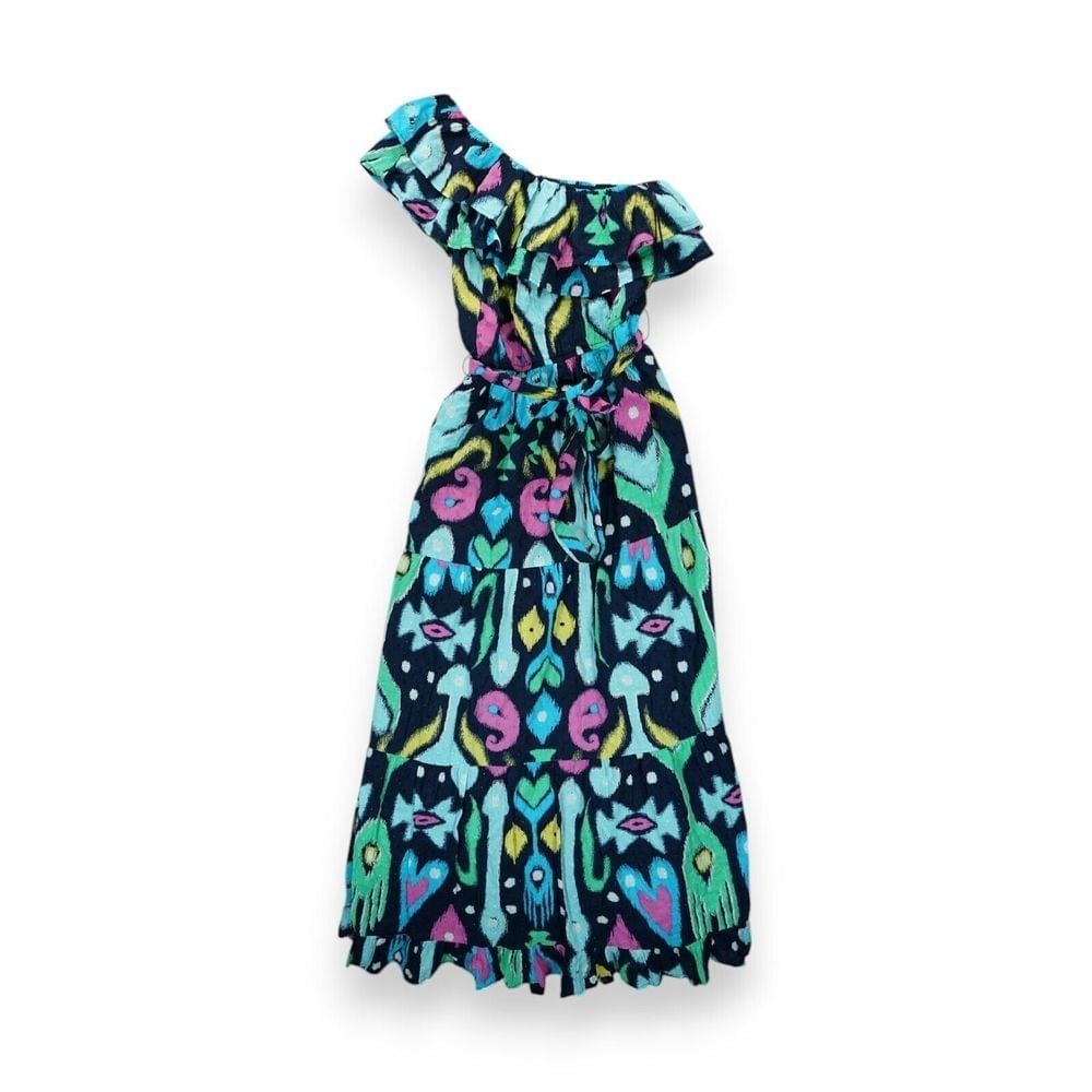 NWT Crown Ivy Ikat Maxi Dress Navy Multicolor Belted Tiered One Shoulder Size M