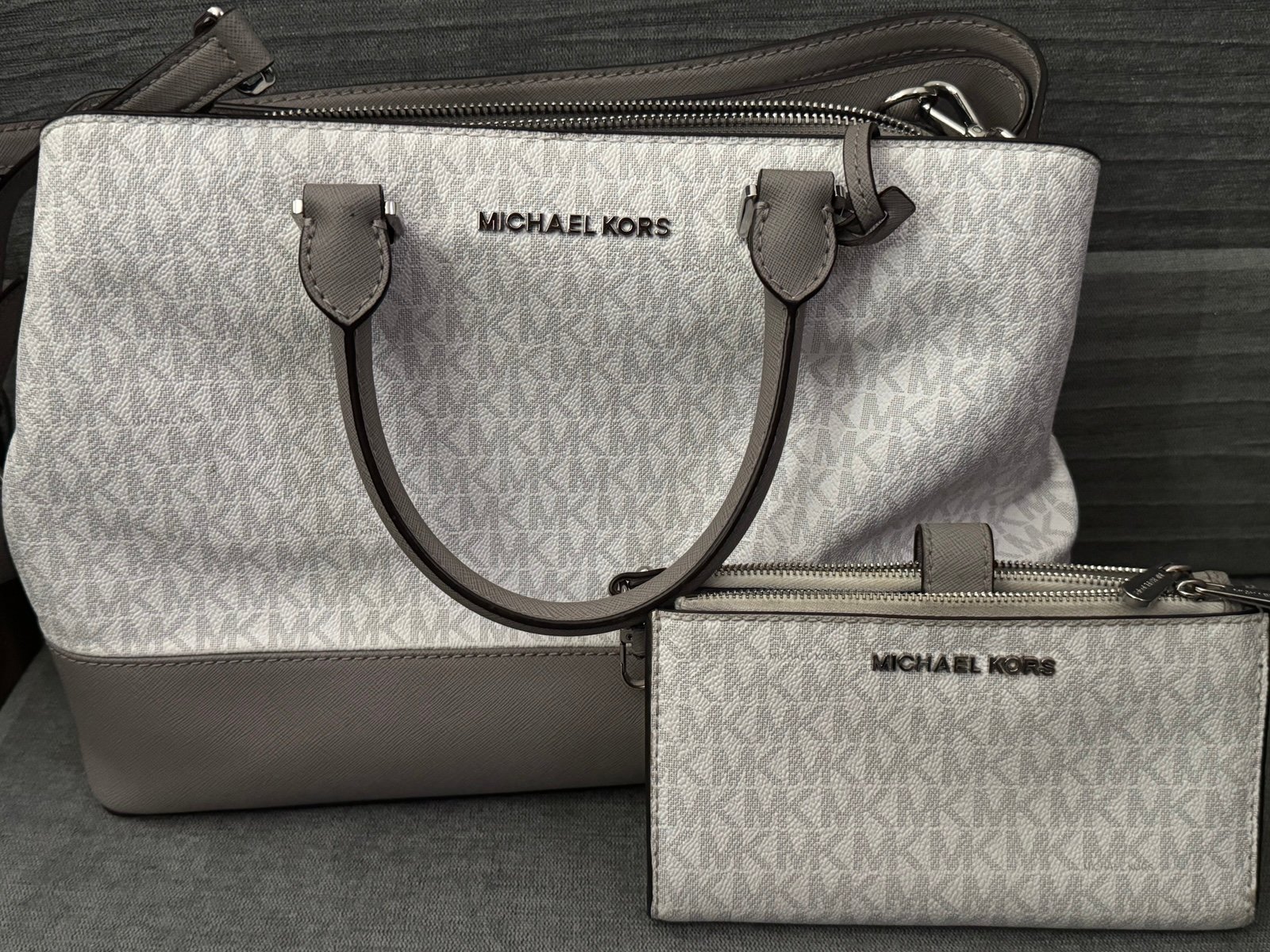 Michael Kors white and grey purse + wallet