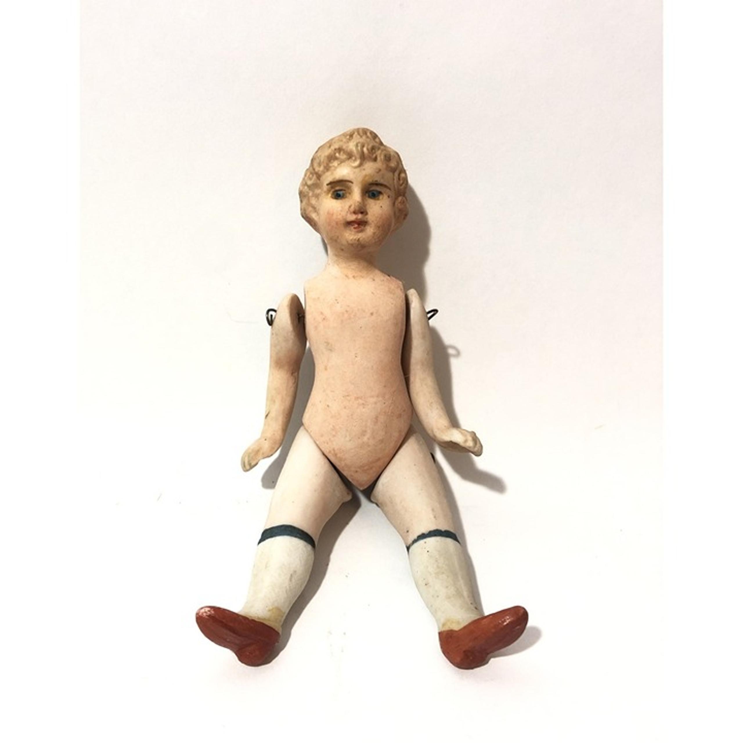 Antique Nippon Porcelain Bisque Doll-6” Blond Girl W/ Blue Eyes.