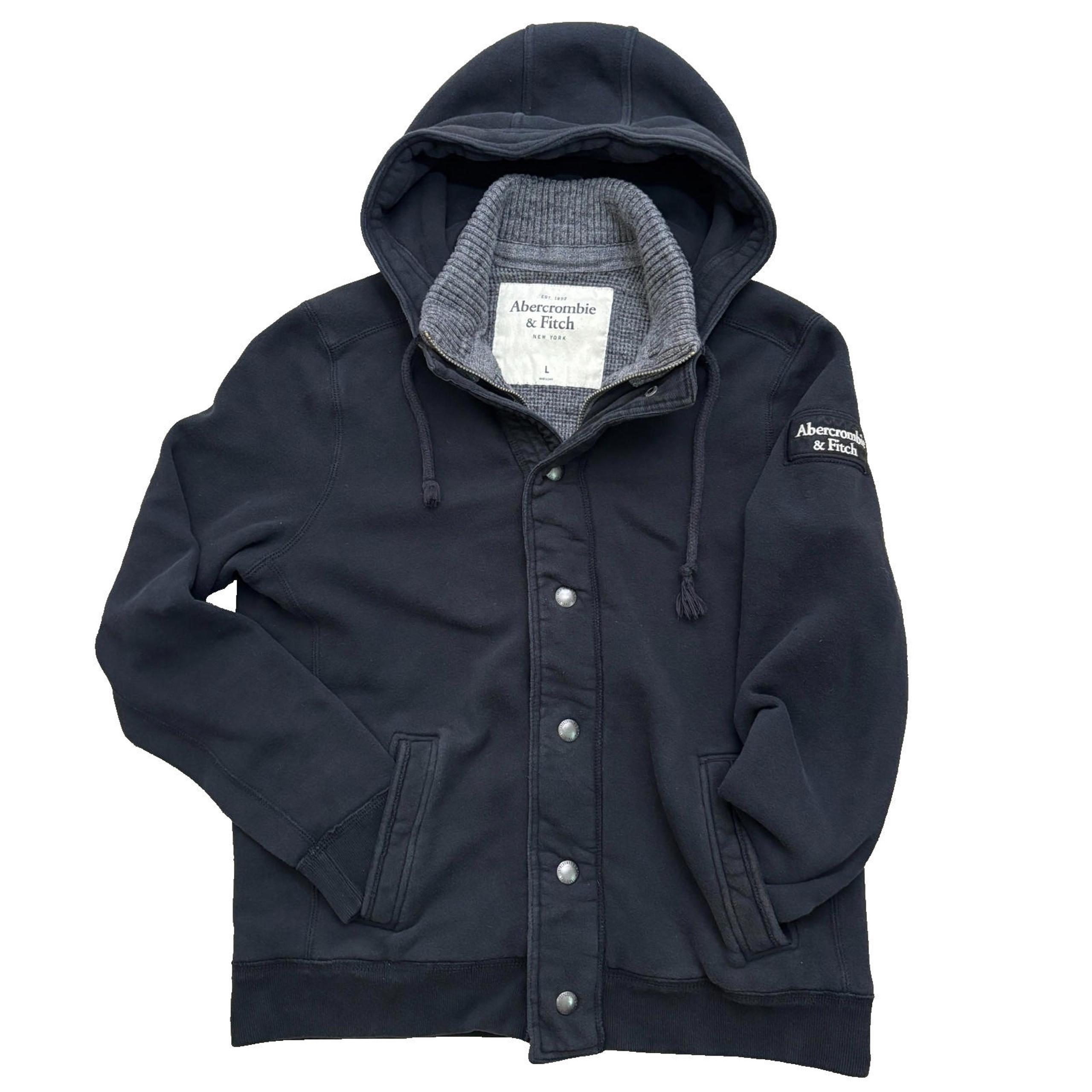 Abercrombie Fitch Mens L Black Coat Heavy Layered Hoodie Jacket Logo VTG Y2K 00s