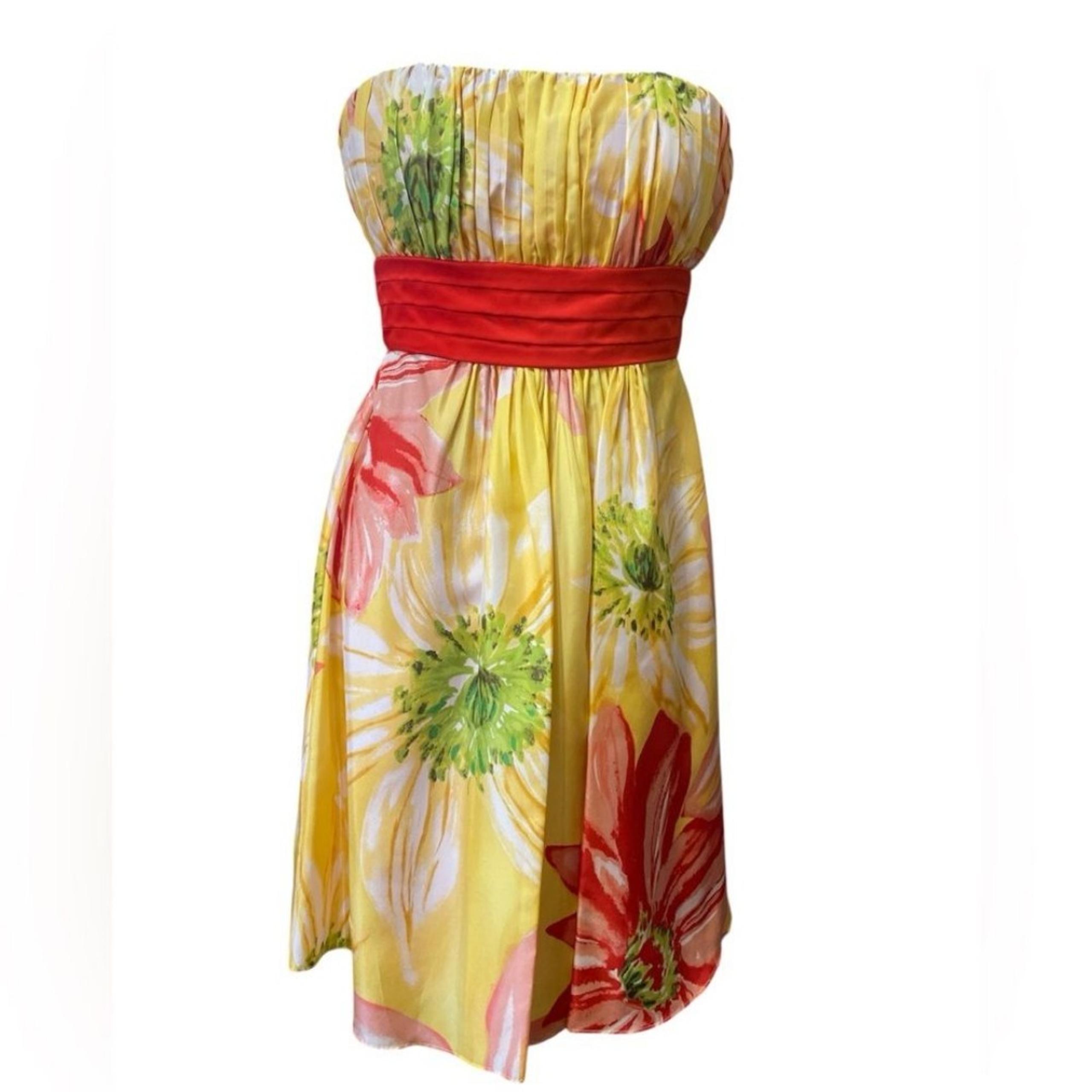 BCBG Paris 100% Silk Strapless Yellow Red Floral Lined Mini Dress Empire Waist 2