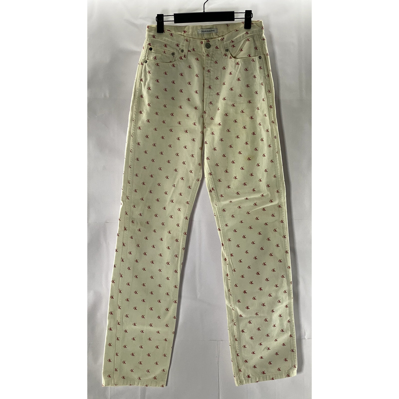 CALVIN KLEIN JEANS Women's White/Red Monogram High-Rise Straight-Leg Pants SZ 28
