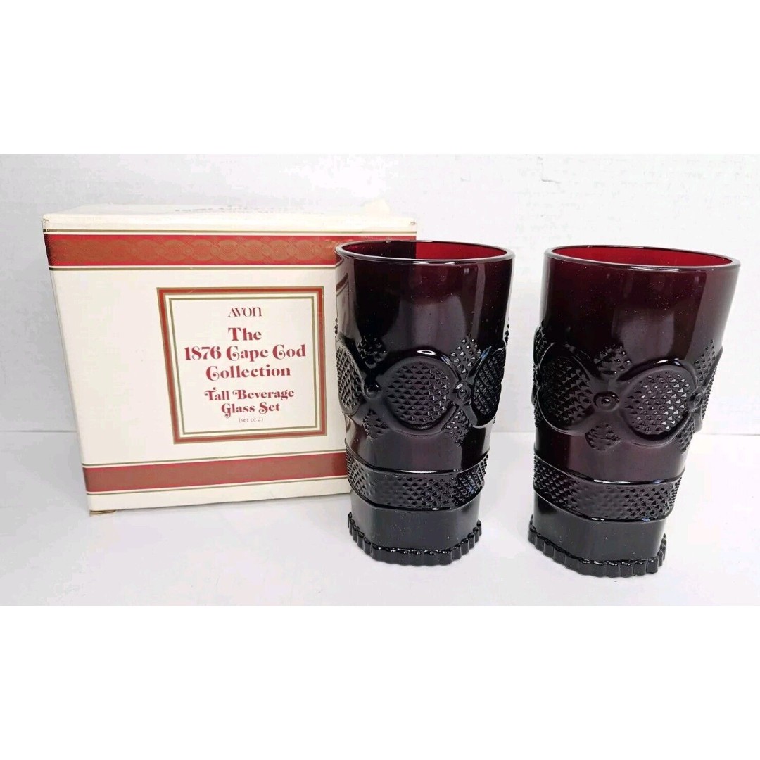 Avon 1876 Cape Cod Collection Ruby Red Tall Beverage Glass Set in Box, 2 Glasses