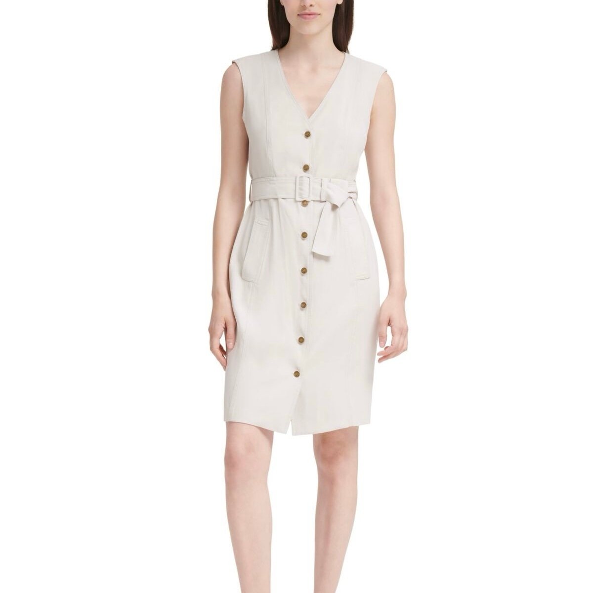 Calvin Klein Belted Button-Up Khaki Sheath Dress