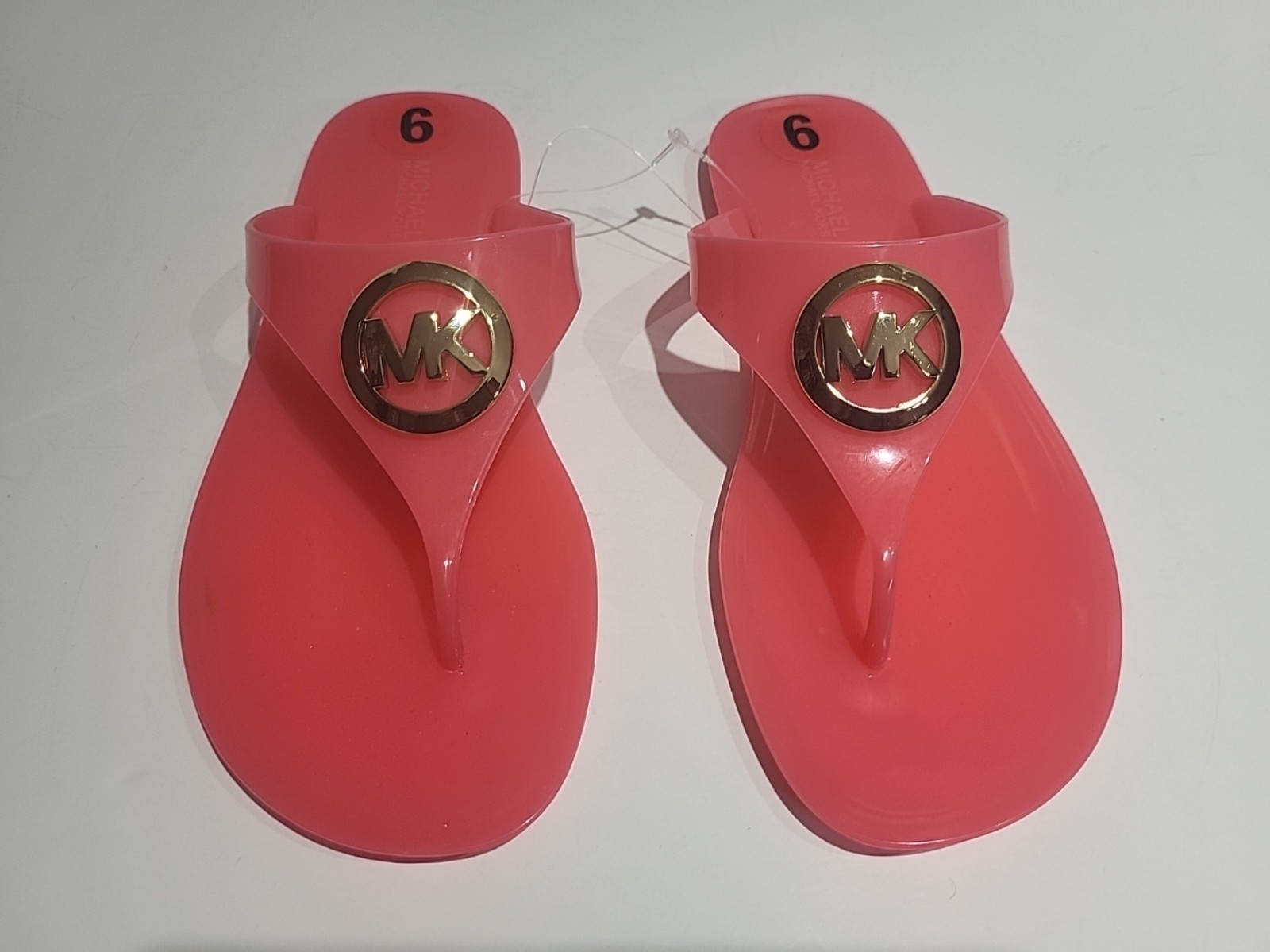 MICHAEL KORS Women’s Sz 9 Lillie Jelly Thong Sandals Pink/Gold MK Logo New