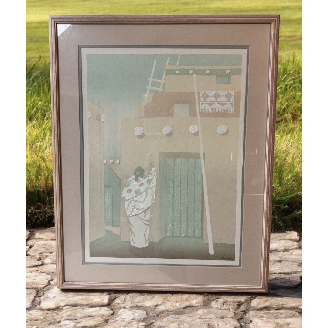 FIGI Graphics Framed Hand Cast Paper Art Signed Native American women 23.5”x29.5