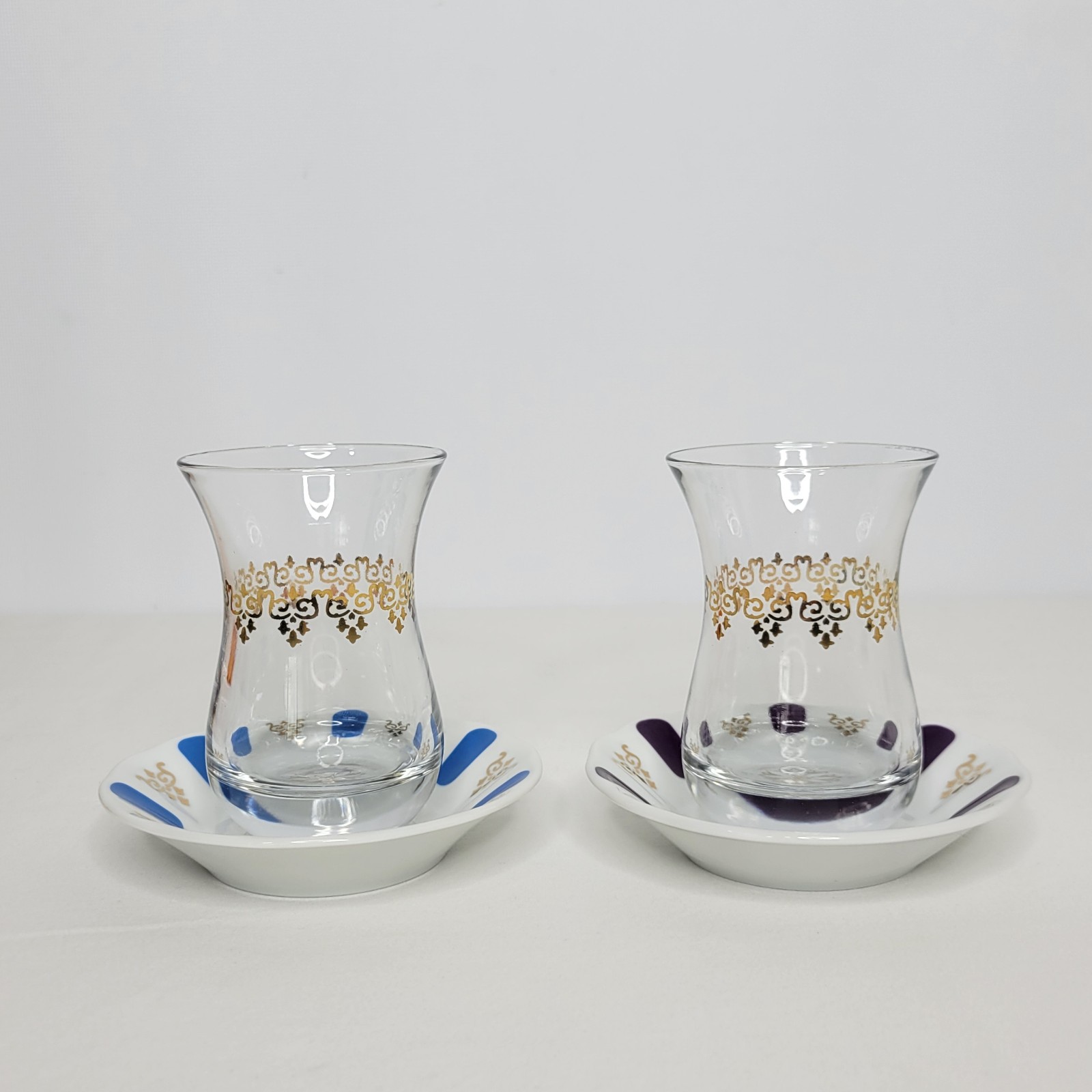 Pair of Pasabahce Magazalan Turkish Tea Cups & Saucers Glass Porcelain
