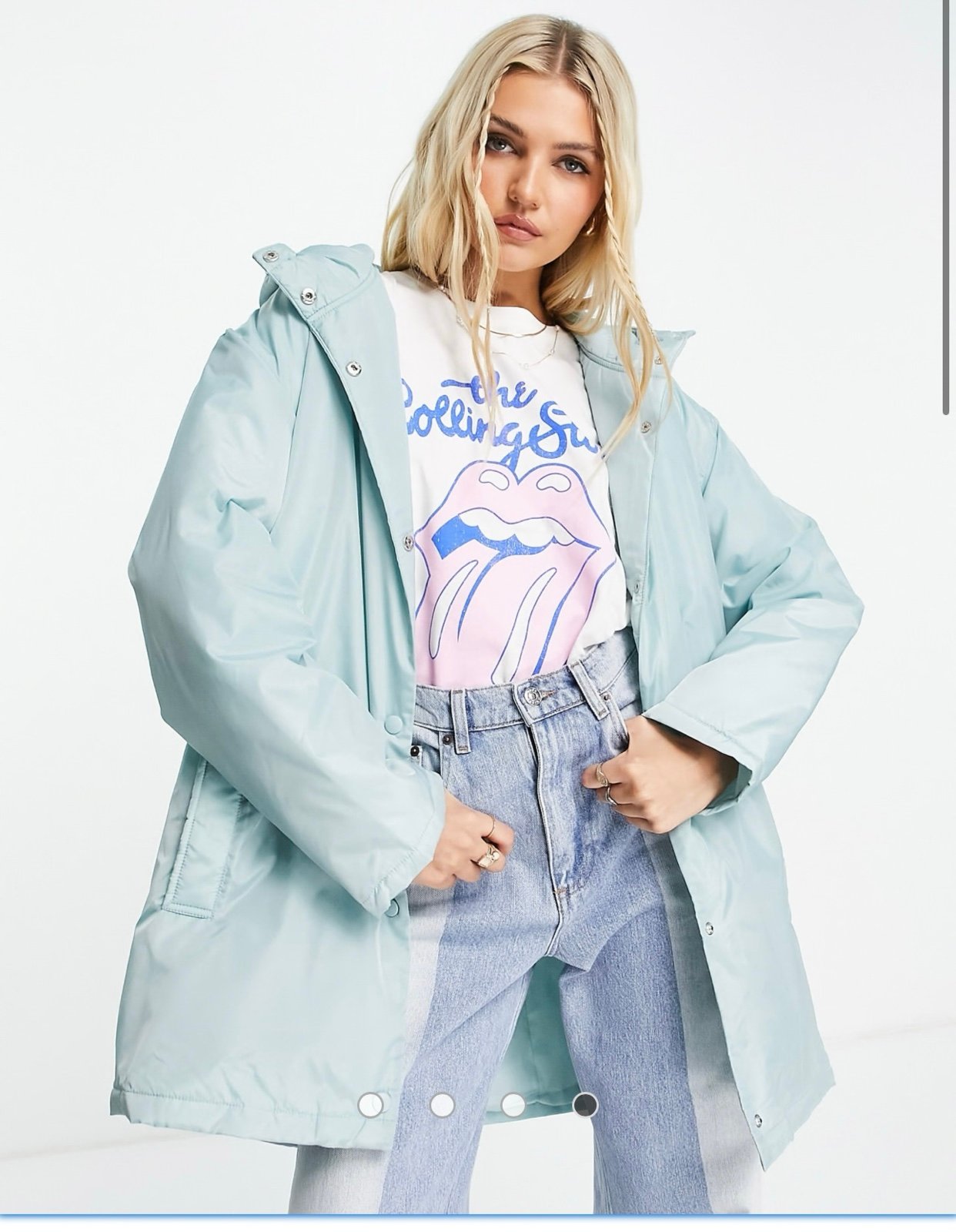 ASOS oversized puffer button through raincoat with hood in baby blu