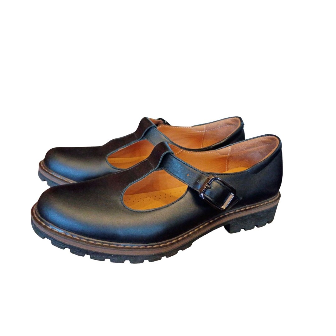 Lavorazione Artigianale Italy Genuine Black Leather Mary Jane Shoes 10.5. 41.5