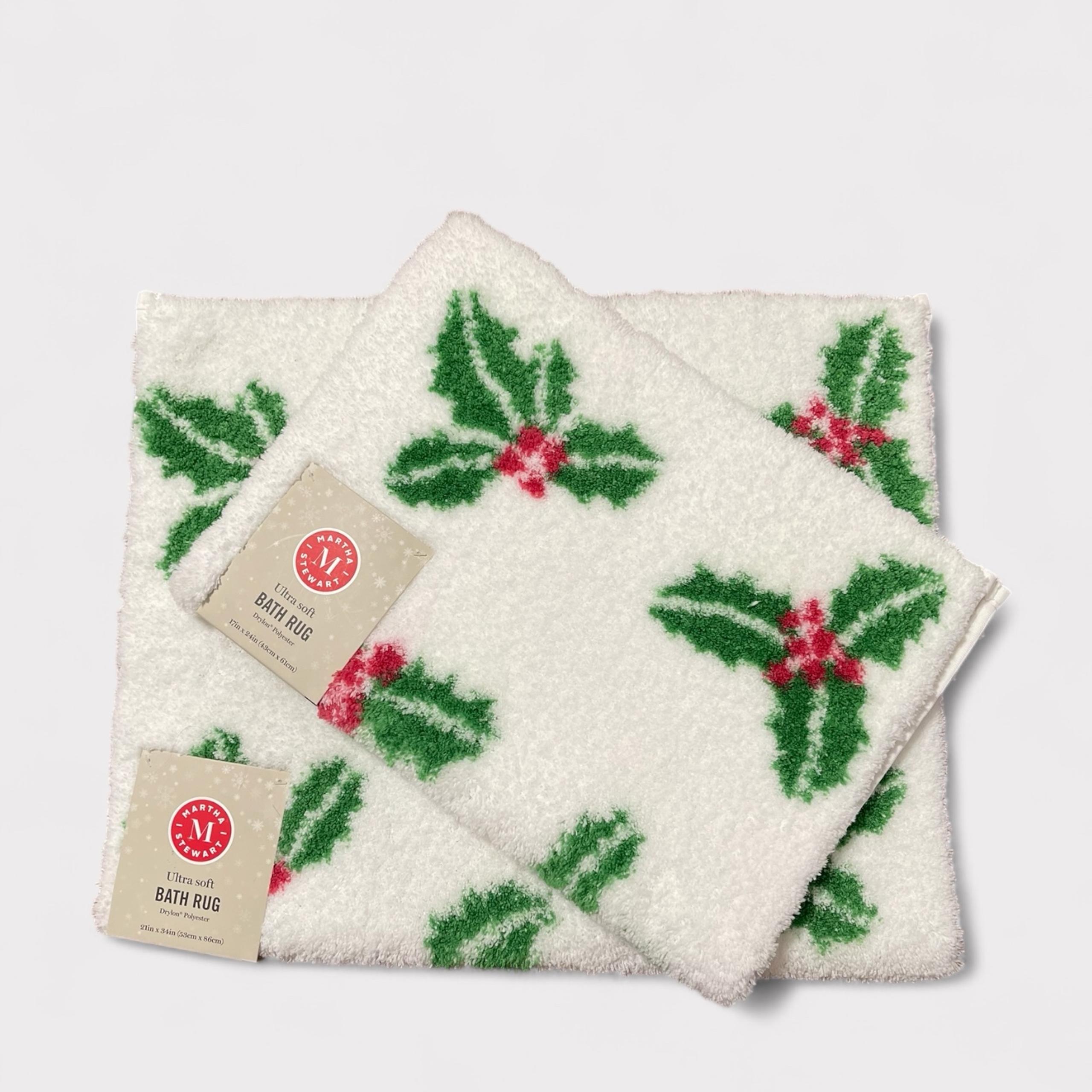 Martha Stewart Christmas Holly White Green Bath Rug & Mat NWT