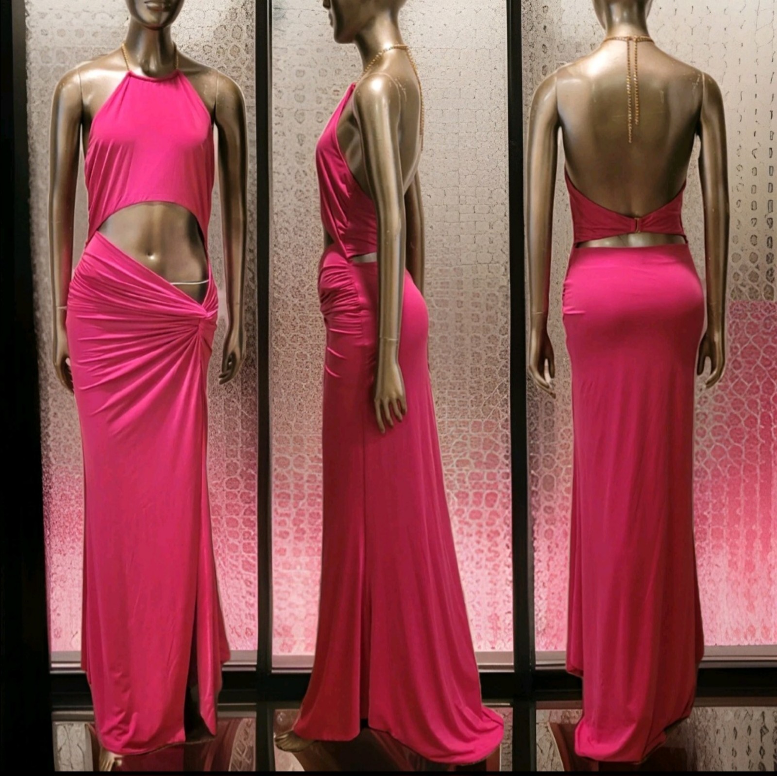 NWT Hot Pink Barbiecore Cut Out Chain Detail Backless High Cut Maxi Dress Sz M
