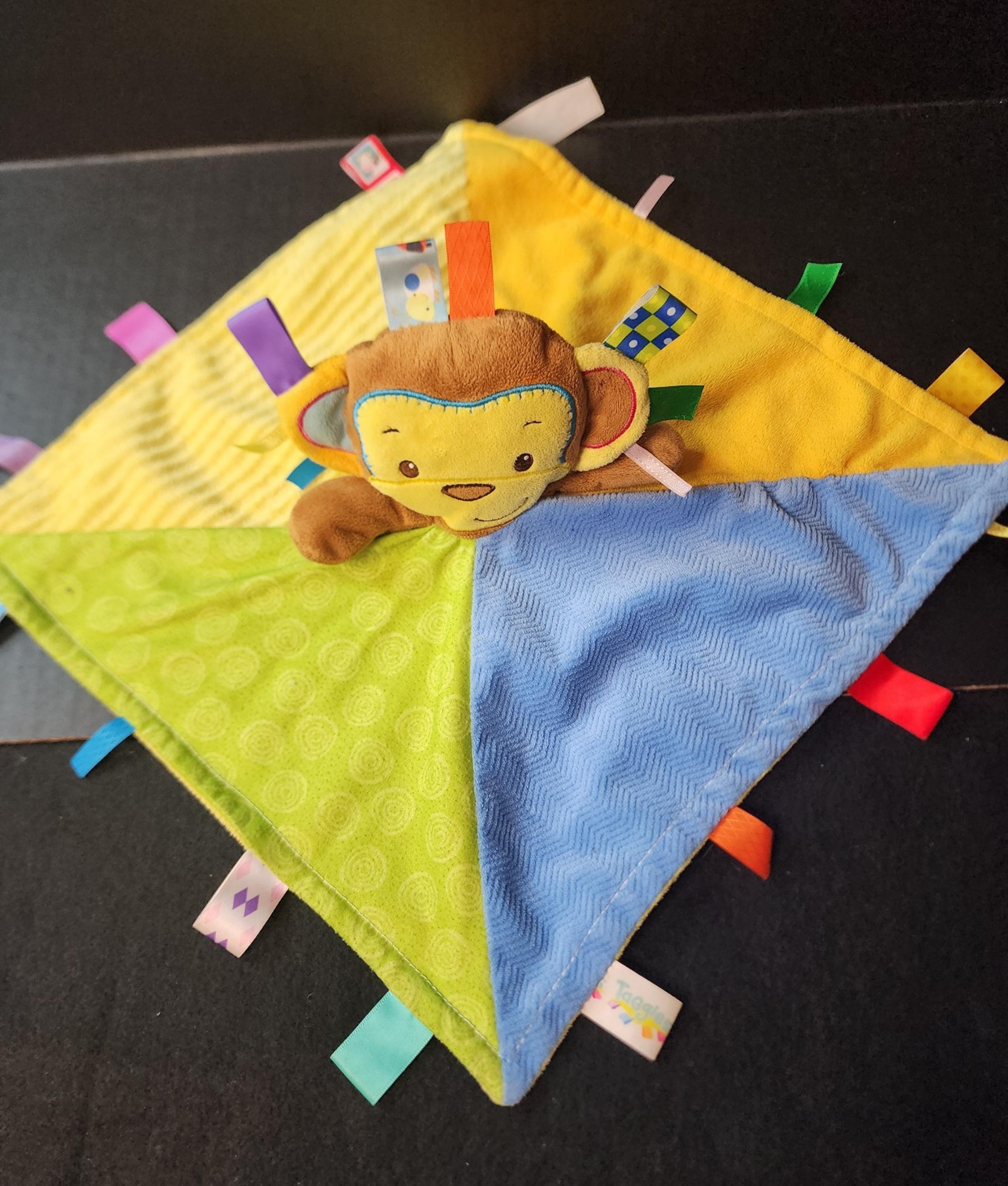 Taggies Monkey Plush Yellow, Green, Blue Baby Security Blanket Lovey Ribbons