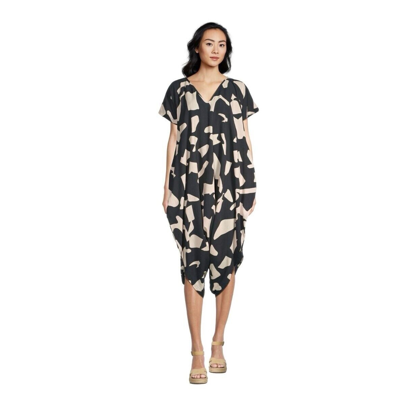 World Market Unique Alora Jumpsuit Black Abstract S/M NWT Cotton Linen