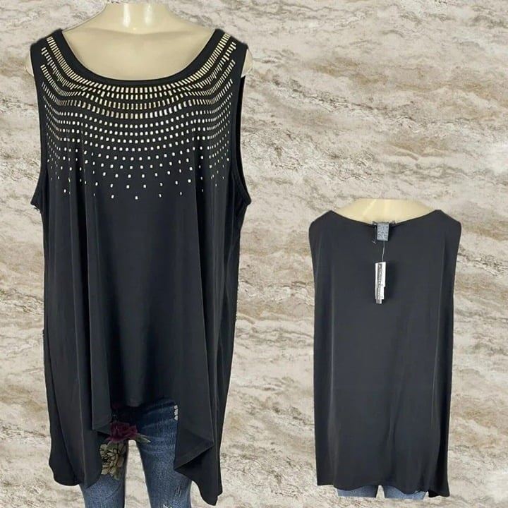 Chelsea & Theodore Plus 3X Black Metallic Studded Scoop Neck Hanky Hem Tank Top