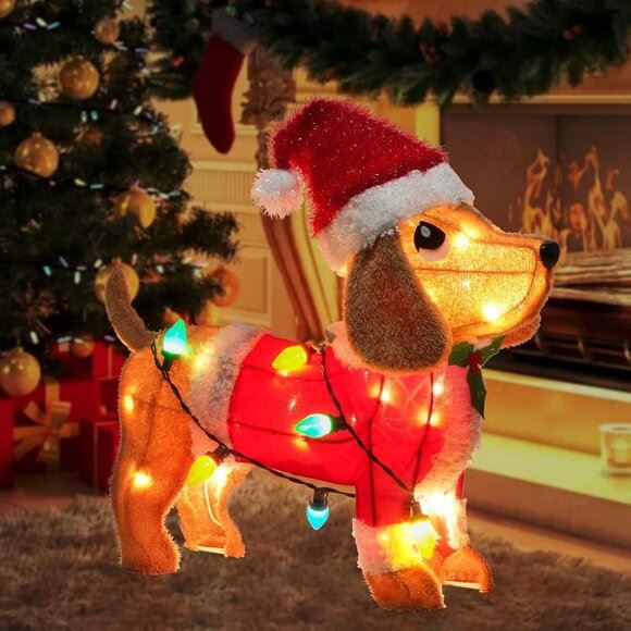 New Sausage Dog with Christmas Hat and C9 String Lights for Xmas Decoration