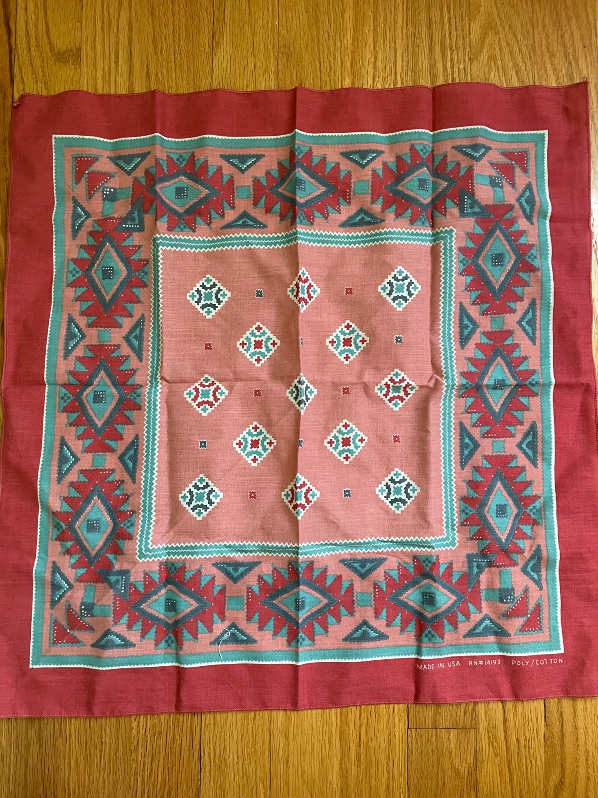 Vintage Pink Blue Southwestern Style Geometric Bandana Made In USA Vintage Pink Blue Southwestern Style Geometric Bandana Made In USA
