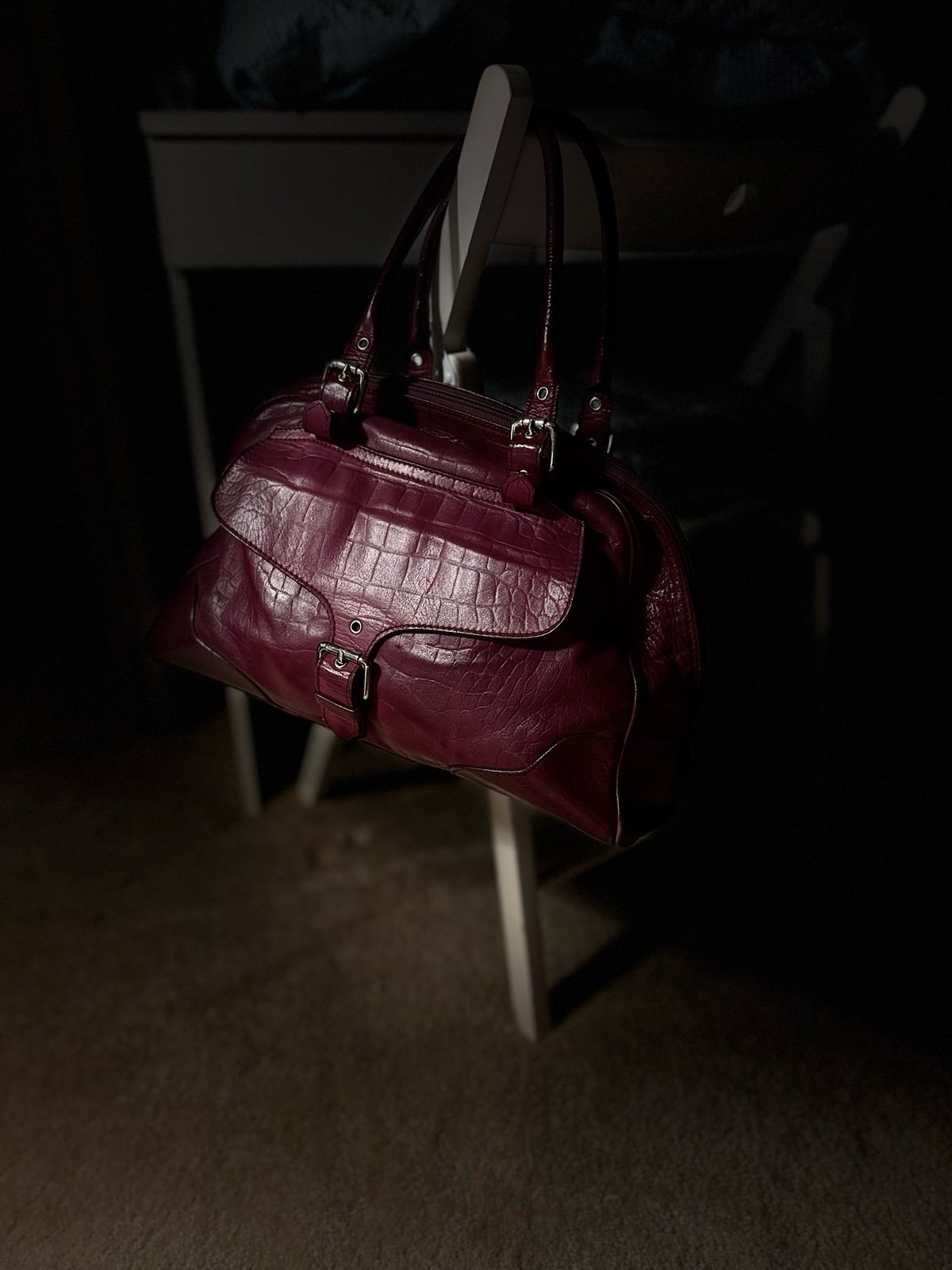 Vintage Nordstrom Italy Satchel - Raspberry Croc-Embossed Leather Purse Bag