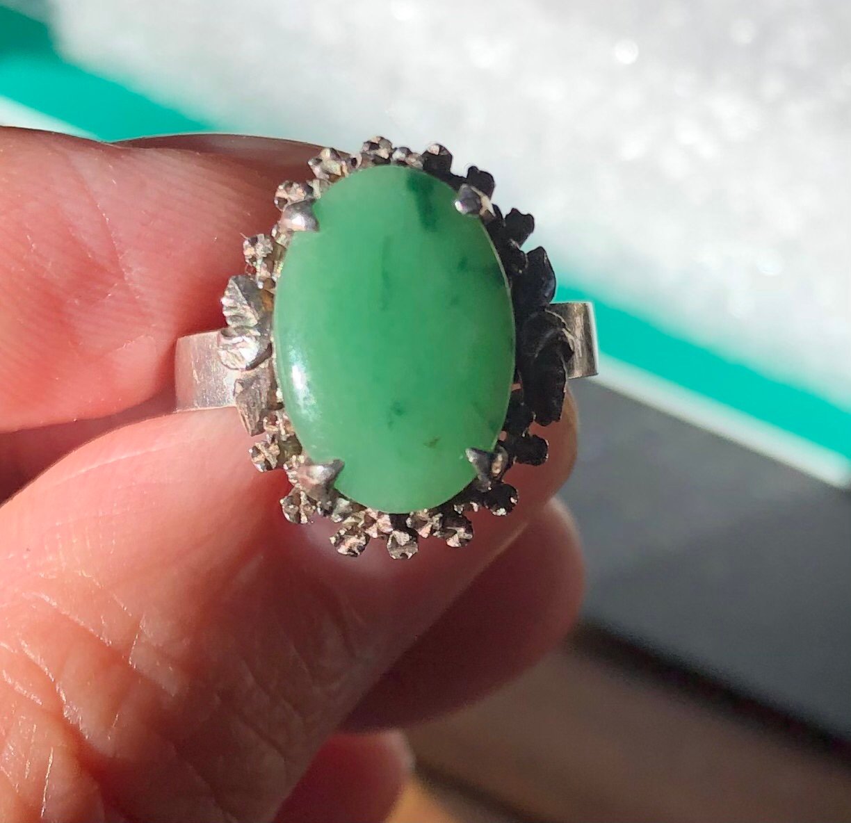 Antique old 18k white gold genuine jadeite jade ring size 5.5